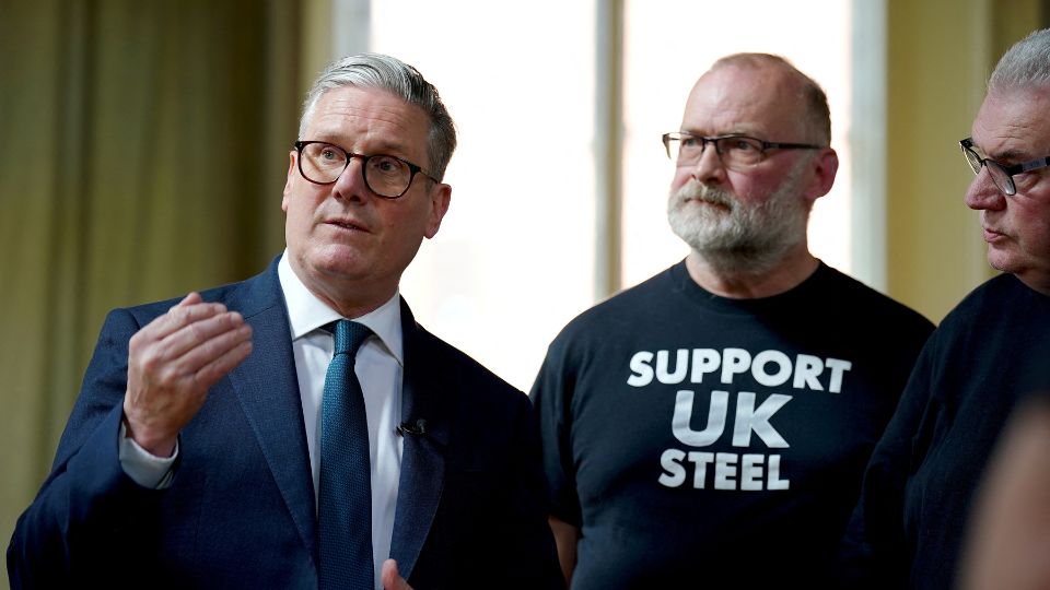 UK Prime Minister Keir Starmer speaks during a visit to meet British Steel workers in Appleby Village Hall near Scunthorpe, Lincolnshire. /Peter Byrne/Pool via Reuters
