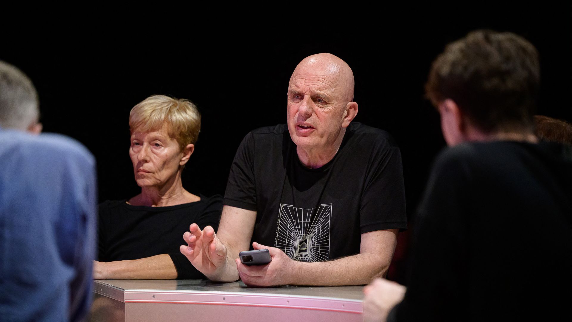 Slovenian theatre director Dragan Zivadinov (C) talks during a dressed rehearsal. /Jure Makovec/AFP