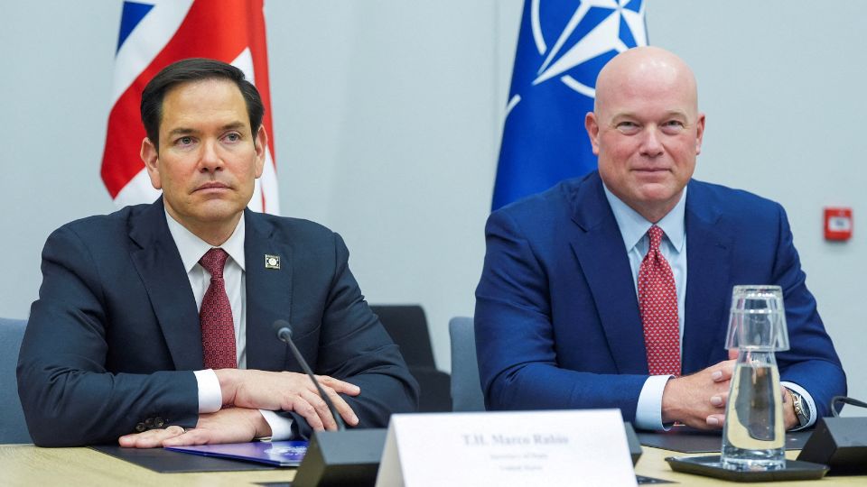 U.S. Secretary of State Marco Rubio and Permanent Representative to NATO Matthew Whitakerduring an April 4 meeting at NATO headquarters in Brussels.  /Jacquelyn Martin/Pool 