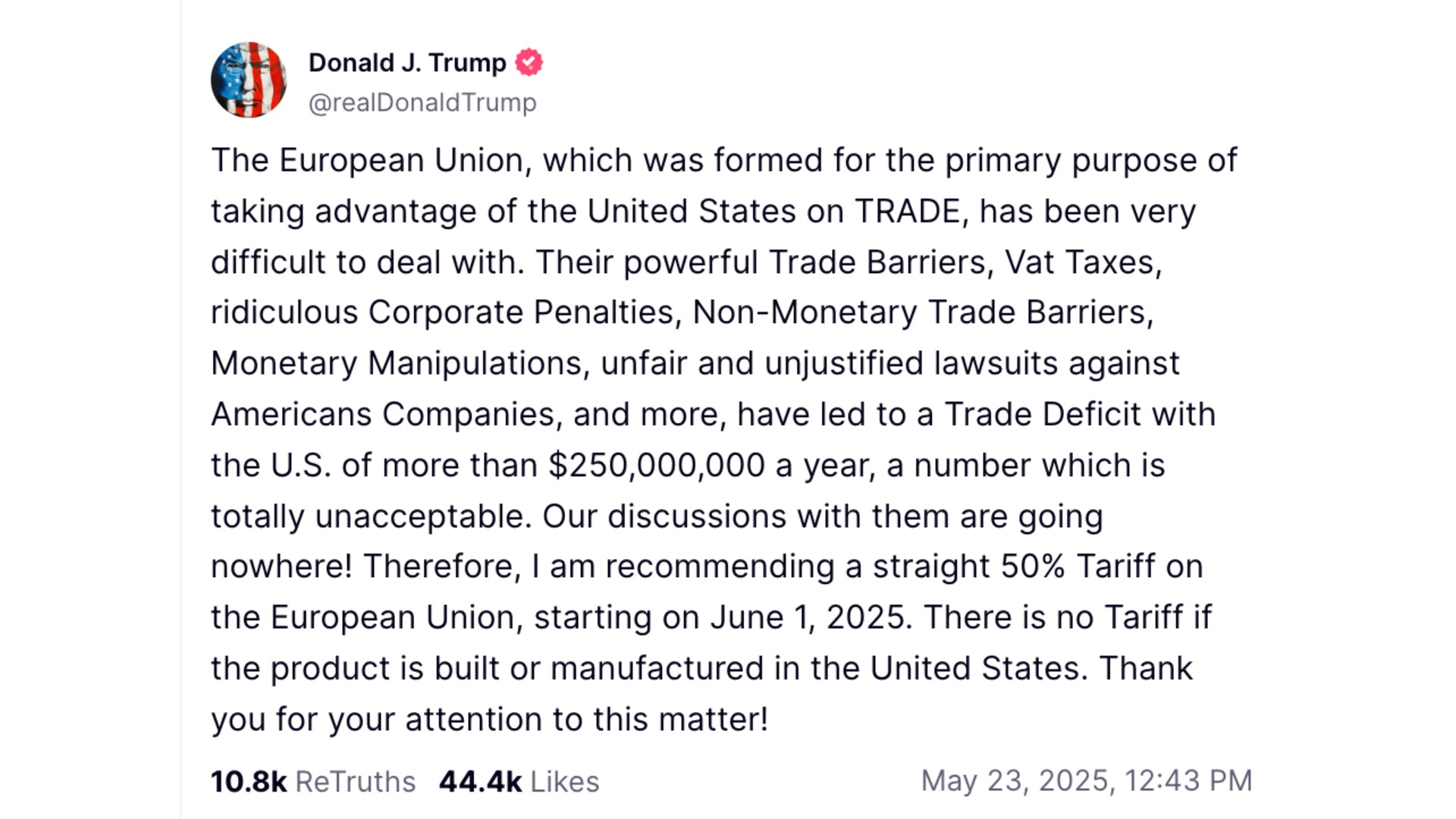 Trump's post on his Truth Social platform that he is 
