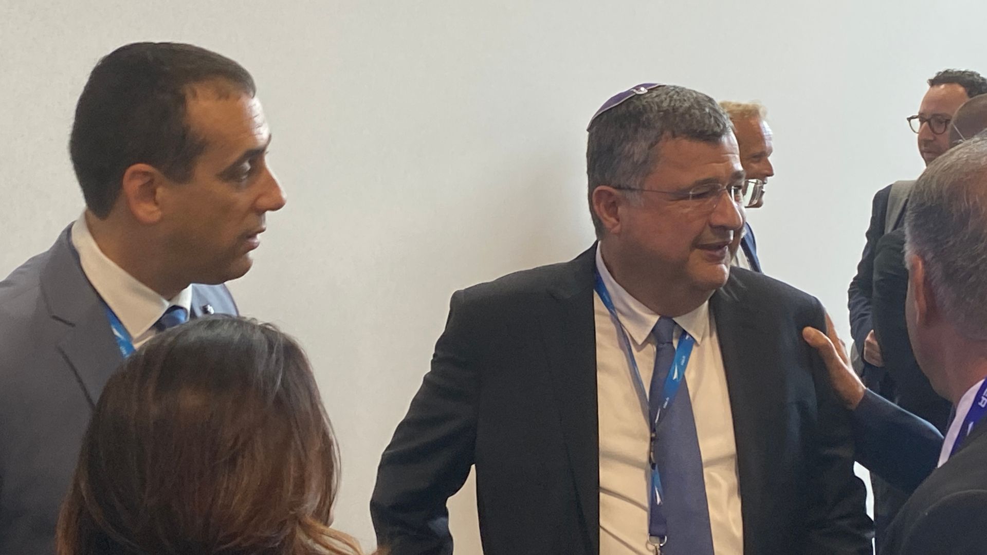 Shlomo Toaff (kippah on head), director of Rafael Advance Defense Systems Ltd, inside the Paris Airshow. /CGTN
