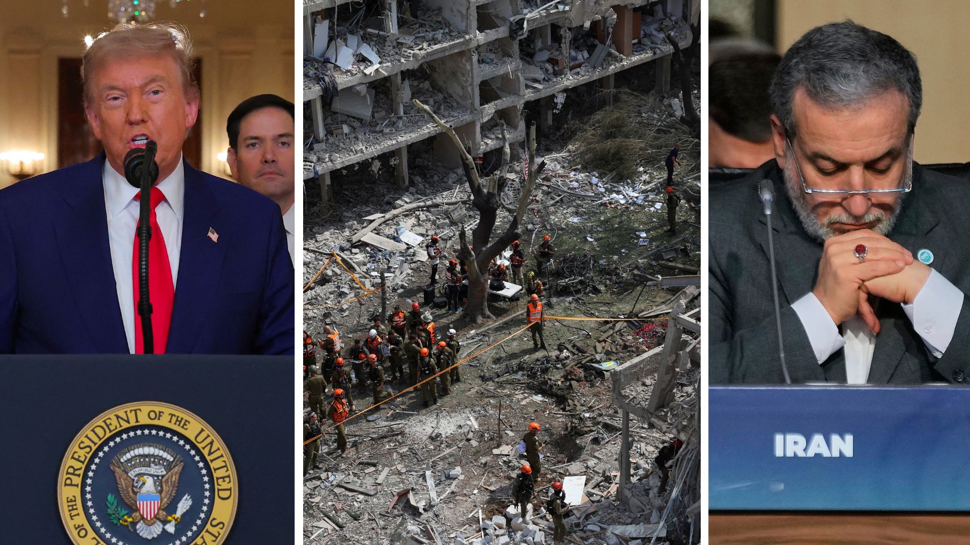 Trump revealed details of the attacks on Iran overnight, while Tel Aviv was hit by more missiles. /Denis Balibouse and Violeta Santos Moura/Reuters, Khalil Hamra/AP