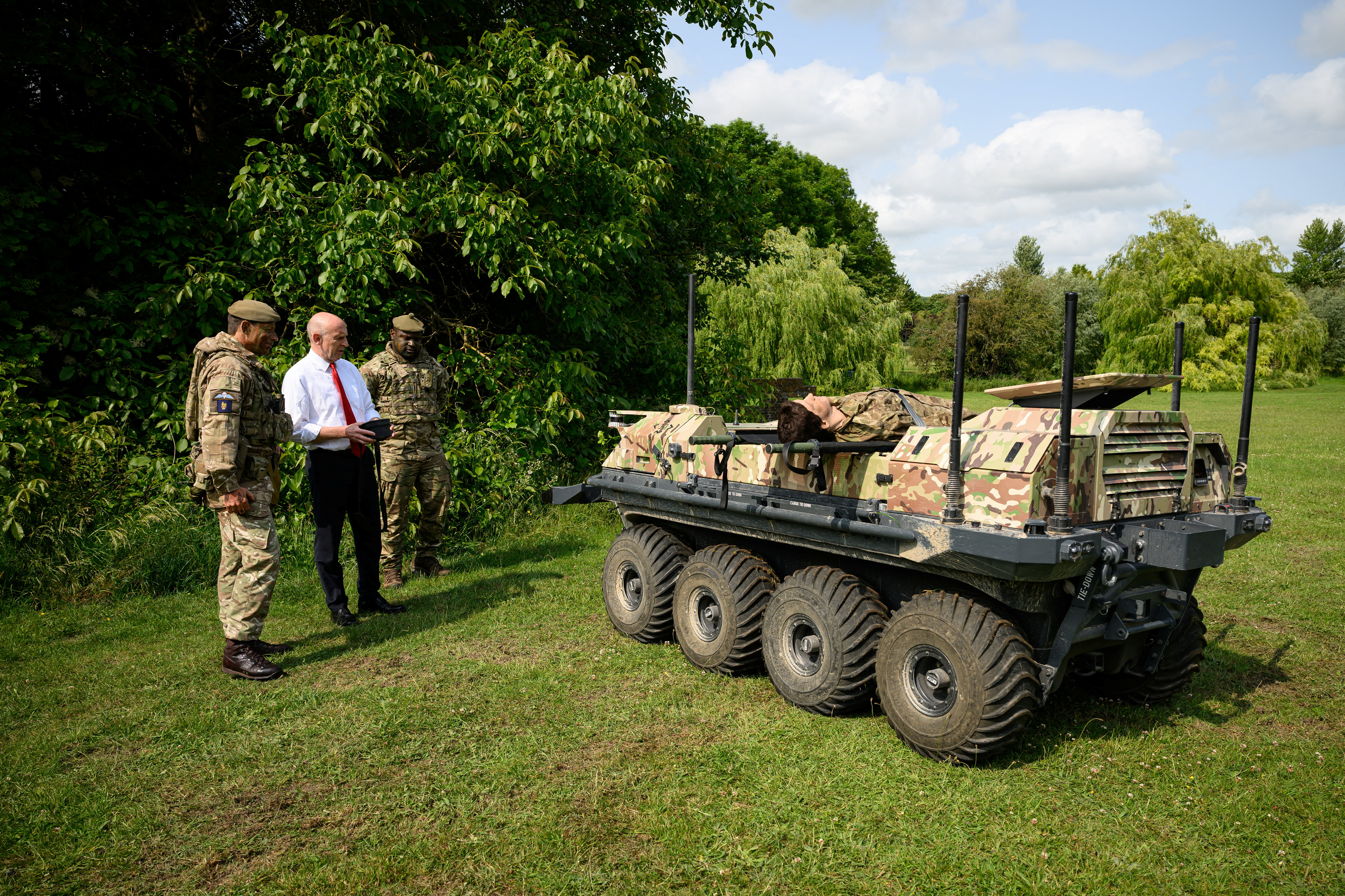 UK Defense Secretary John Healey controls a Rheinmetall Mission Master  at the Land Warfare Centre in Wiltshire, UK. /Leon Neal/Pool via Reuters
