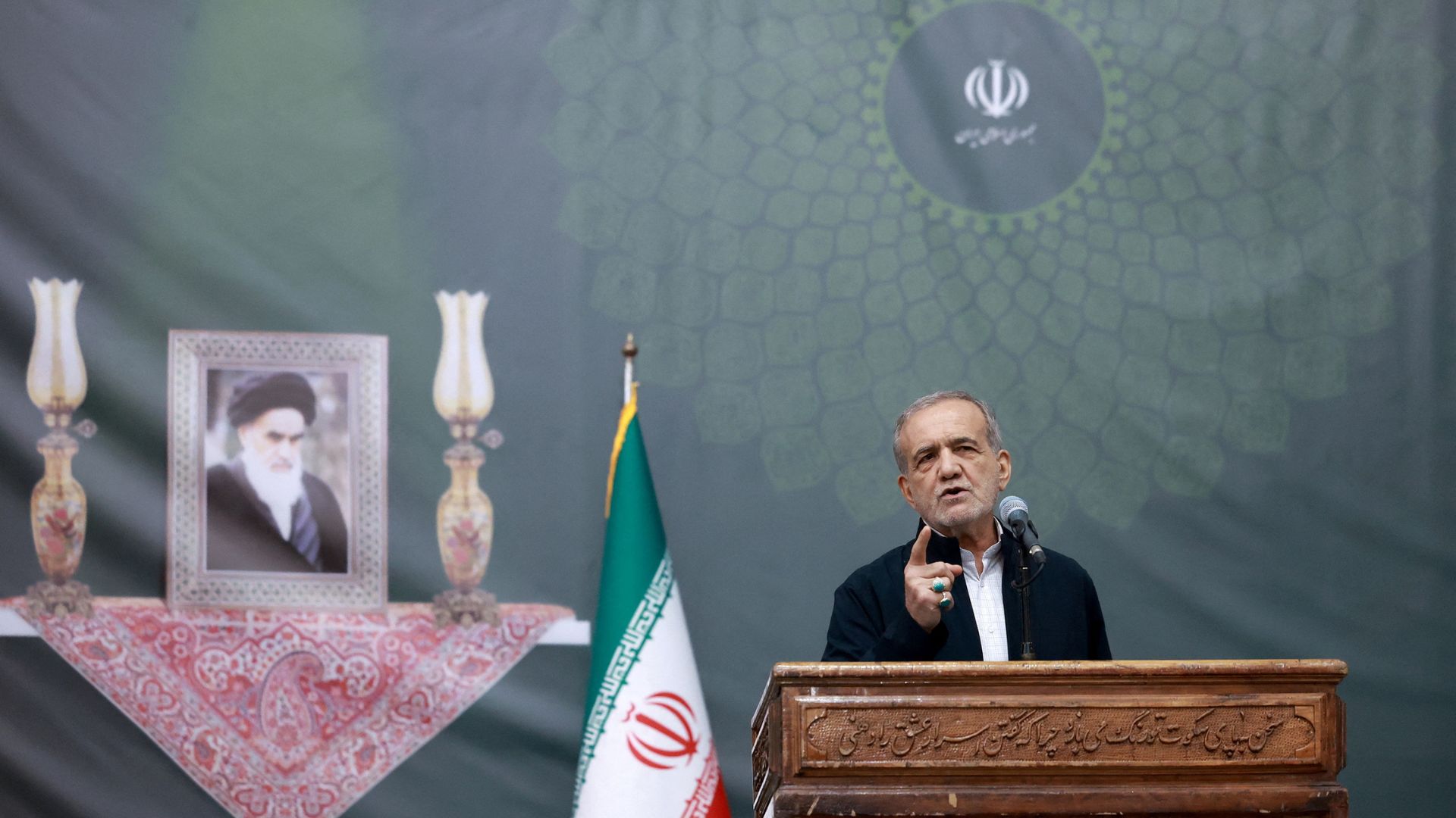 Iranian President Masoud Pezeshkian speaks at a commemoration for Ayatollah Ruhollah Khomeini. /Iran's Presidential website/West Asia News Agency/Handout via Reuters