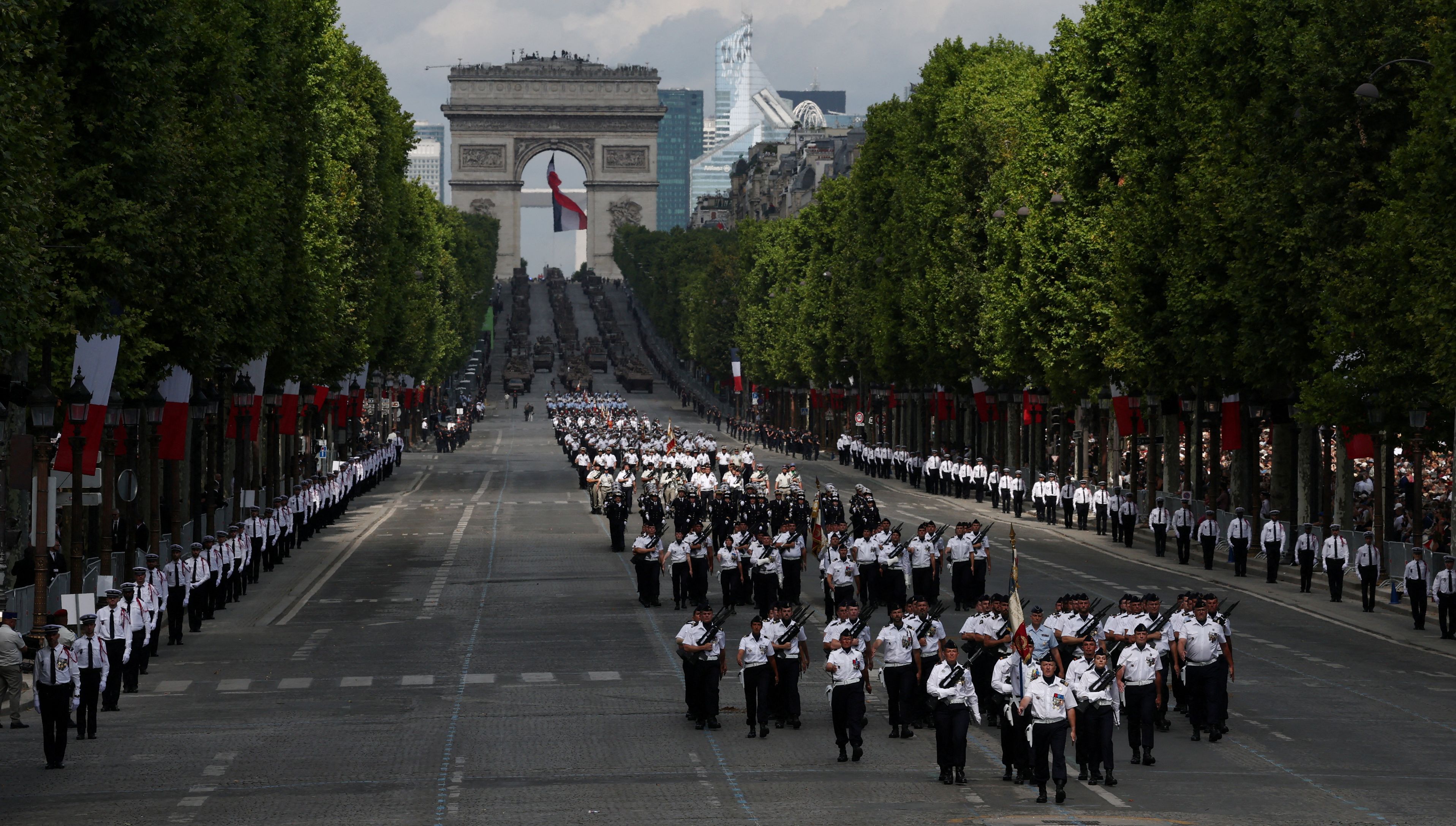 French troops form part of the parade for the Bastille Day military ceremony on the Champs-Elysees avenue. /Gonzalo Fuentes/Reuters