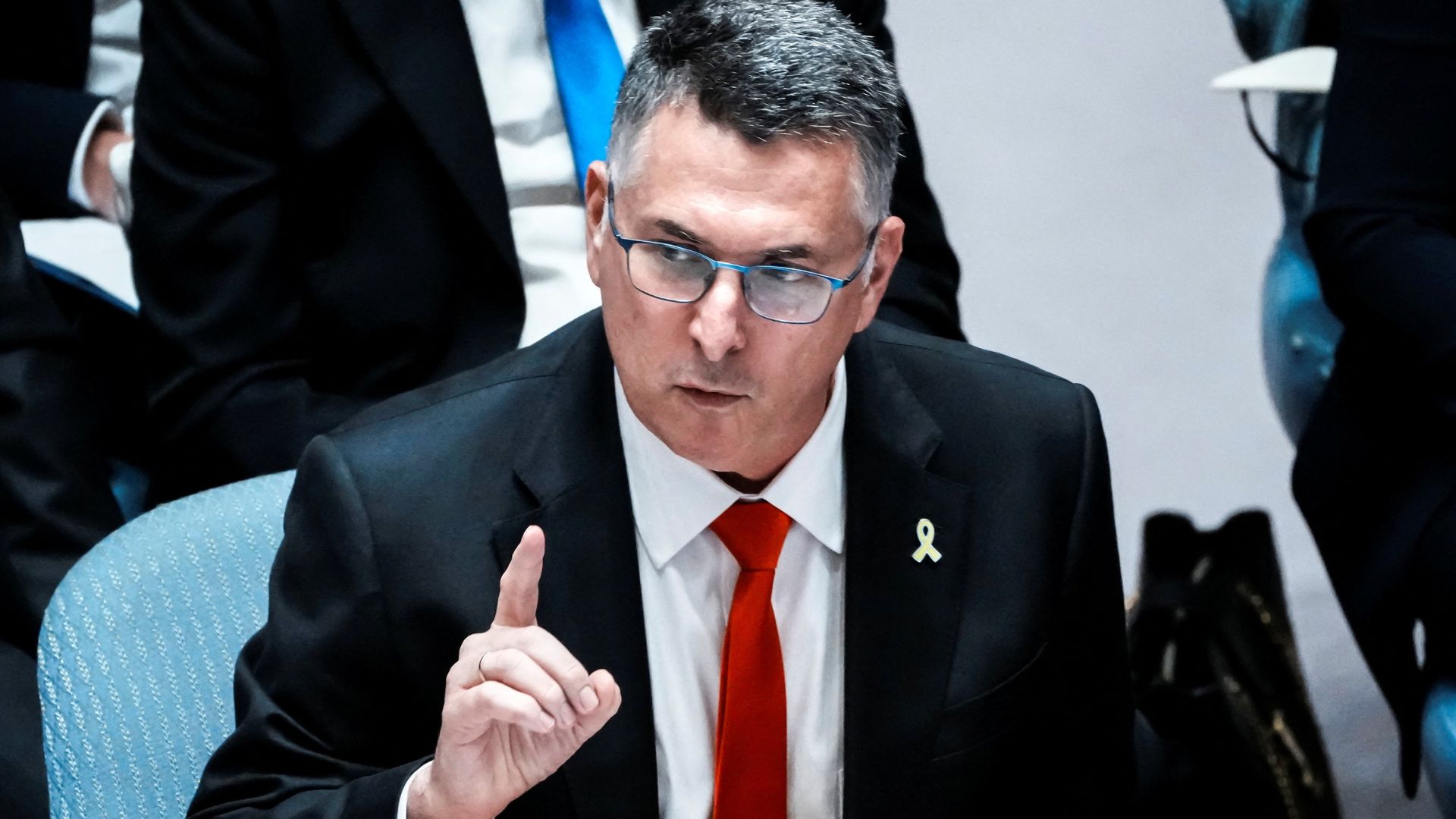 Israeli Foreign Minister Gideon Saar speaks to delegates during a Security Council meeting at the UN HQ in New York on Tuesday. /Eduardo Munoz/Reuters
