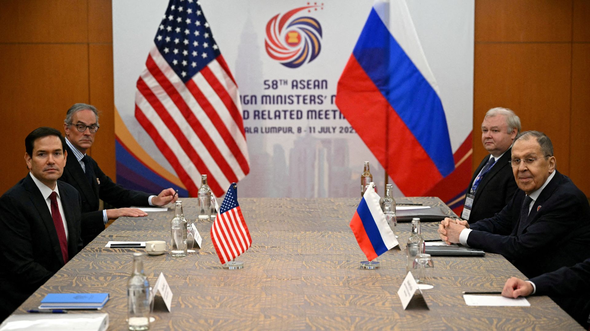 U.S. Secretary of State Marco Rubio meets with Russia's Foreign Minister Sergei Lavrov on the sidelines of the ASEAN Foreign Ministers' Meeting in Kuala Lumpur in July. /Mandel Ngan/Pool 
