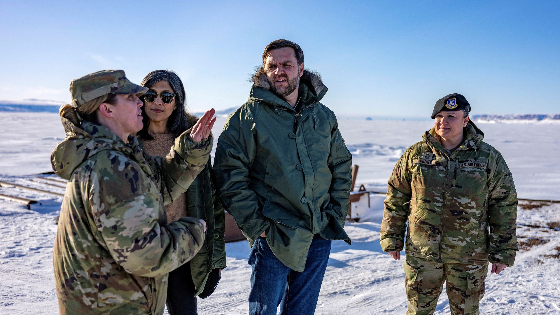 U.S. Vice President JD Vance and Second Lady Usha Vance are guided by the U.S. military's Pituffik Space Base commander Colonel Susan Meyers as they tour the facility in Greenland in March. /Jim Watson/Pool 