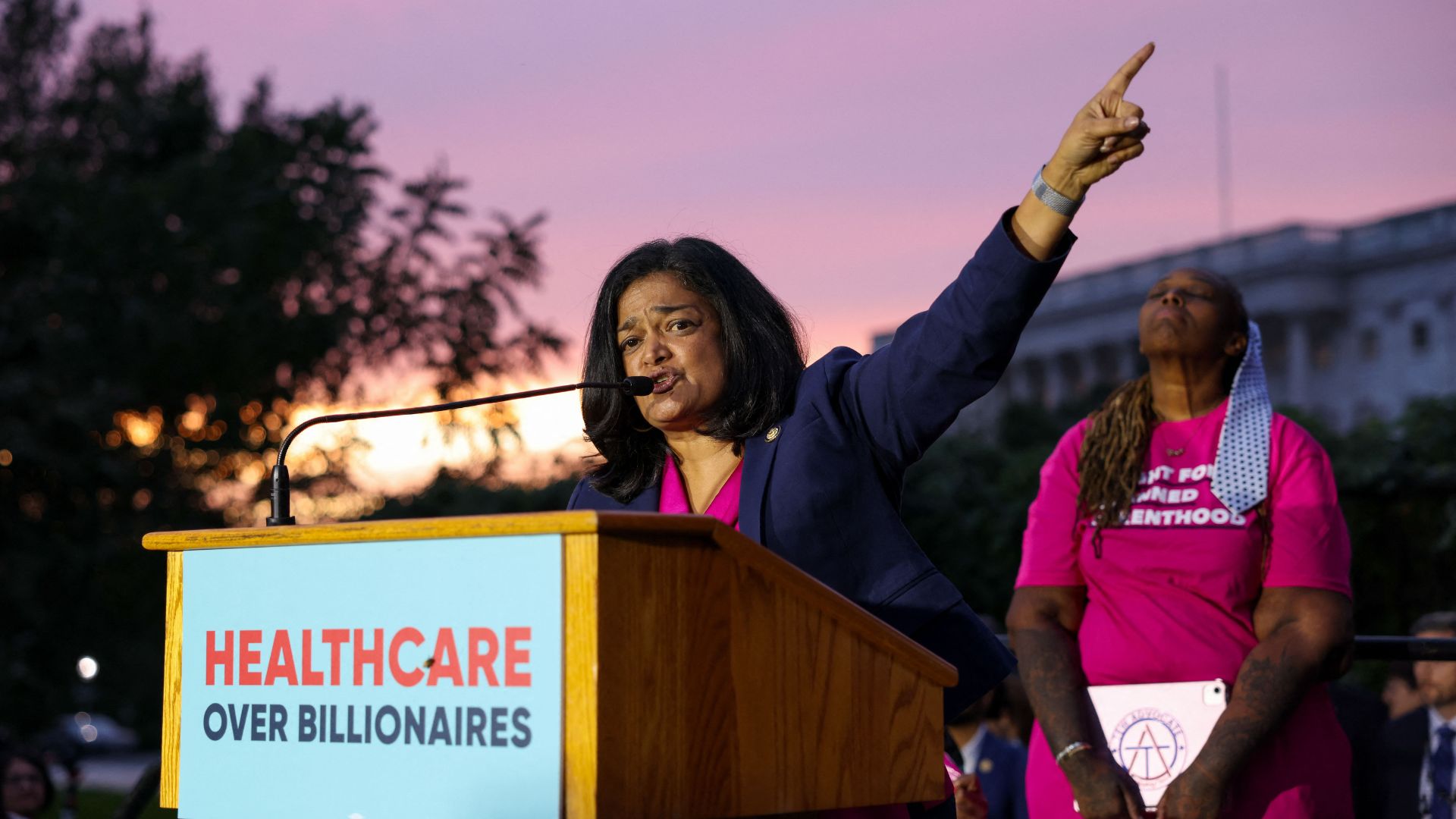 Democrat Representative Pramila Jayapal speaks at the Health Care Over Billionaires Rally at the US Capitol on September 30, 2025 in Washington, DC. /Tasos Katopodis/Getty Images for Fair Share America/AFP
