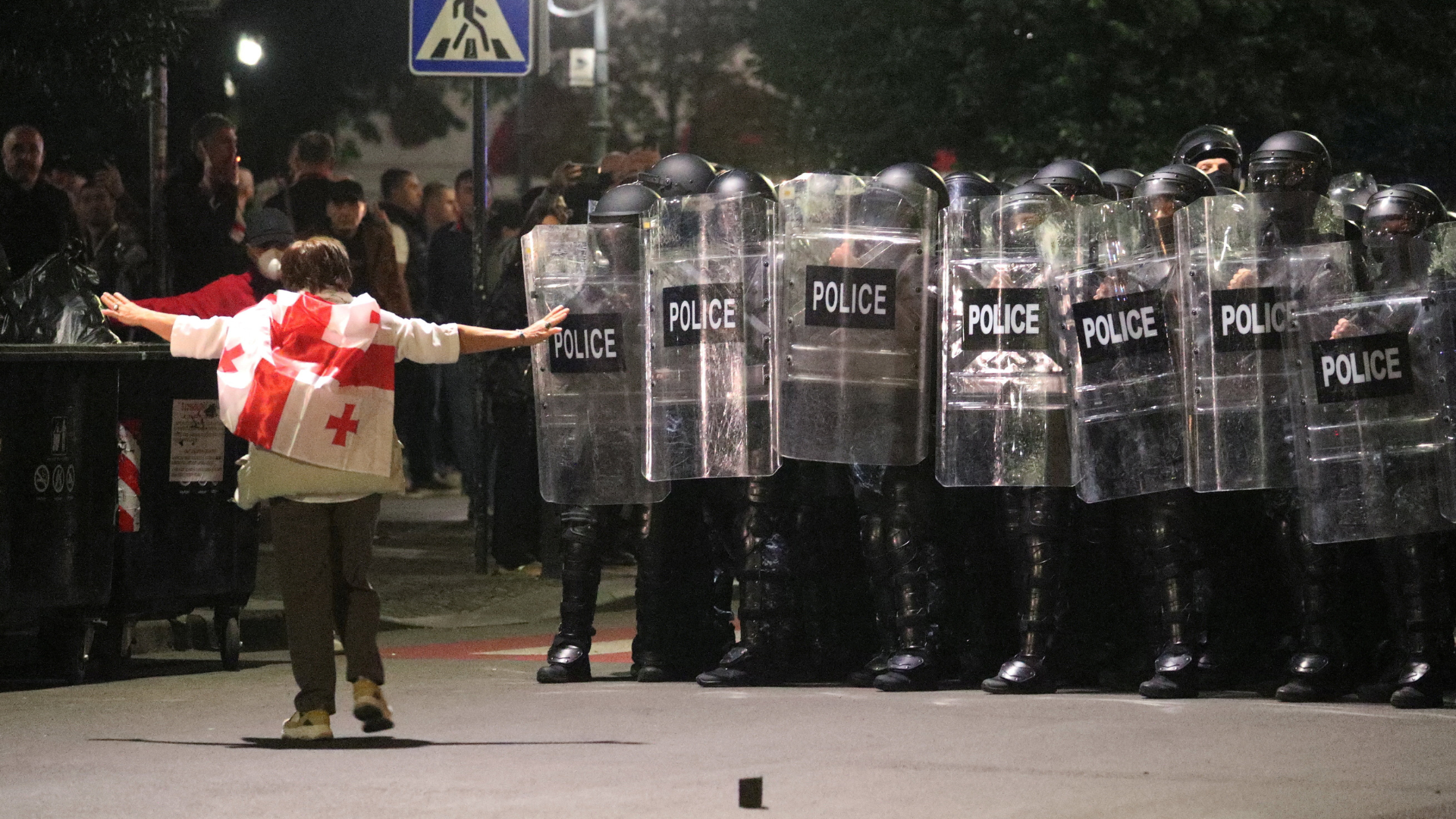 A protester wearing a Georgian flag walks towards police officers blocking the street during an opposition rally in Tbilisi, Georgia. /Irakli Gedenidze/Reuters