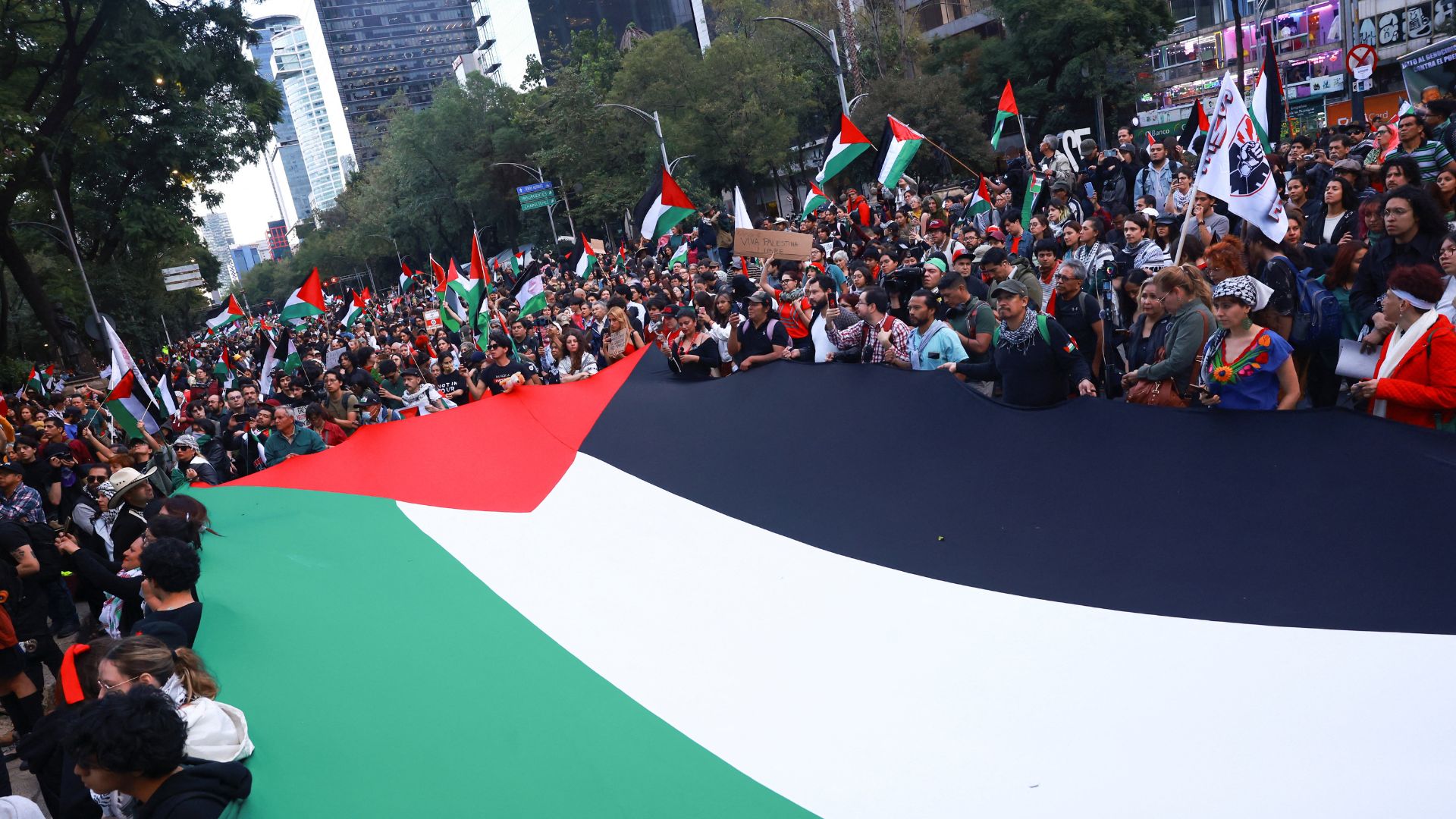 Demonstrators holds a Palestinian flag during a pro-Palestinian protest in Mexico City on October 7. /Raquel Cunha/Reuters
