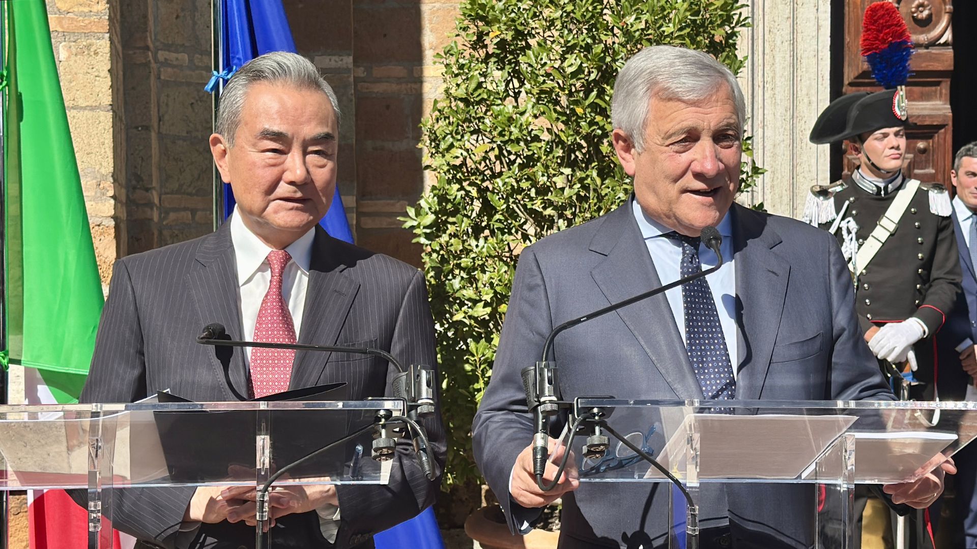 Wang Yi and Antonio Tajani speak to the media. /Natalie Carney/CGTN