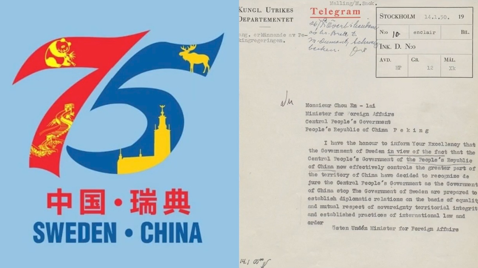 The historic letter sent by Swedish diplomats in 1950 that led to Sweden becoming the first Western nation to formally and diplomatically recognize the People's Republic of China. /Ken Browne/CGTN