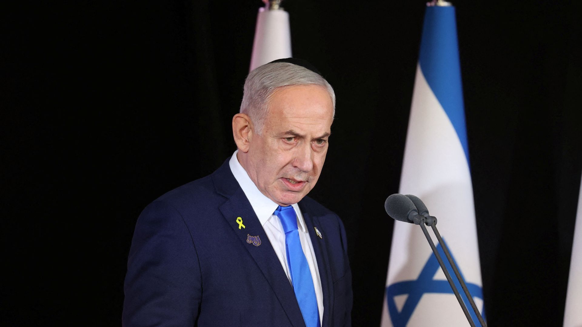 Israeli Prime Minister Benjamin Netanyahu participates in a state memorial ceremony. /Alex Kolomoisky/Pool 