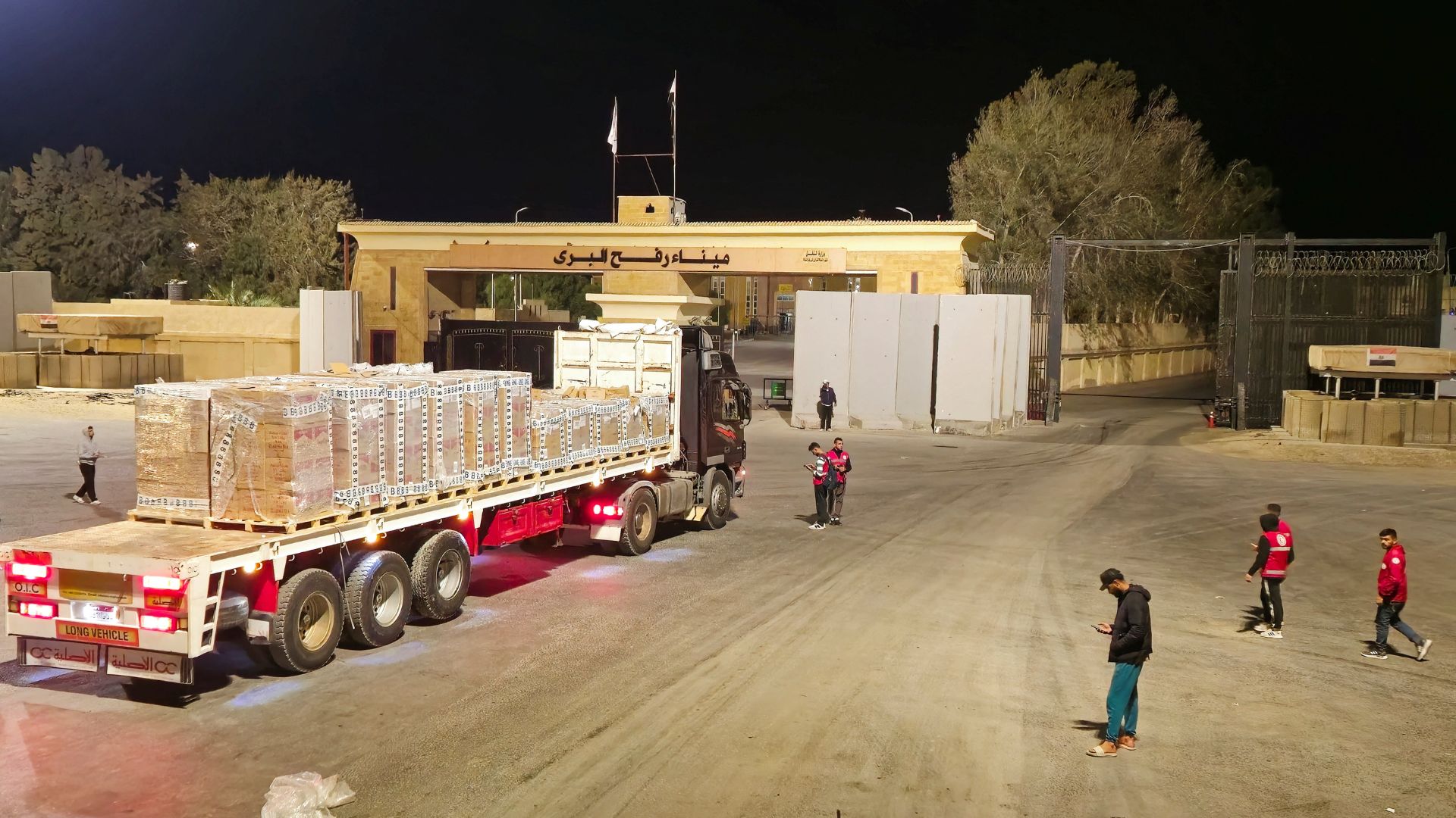 A truck carrying humanitarian aid at the Rafah border October 19, 2025. REUTERS/Stringer