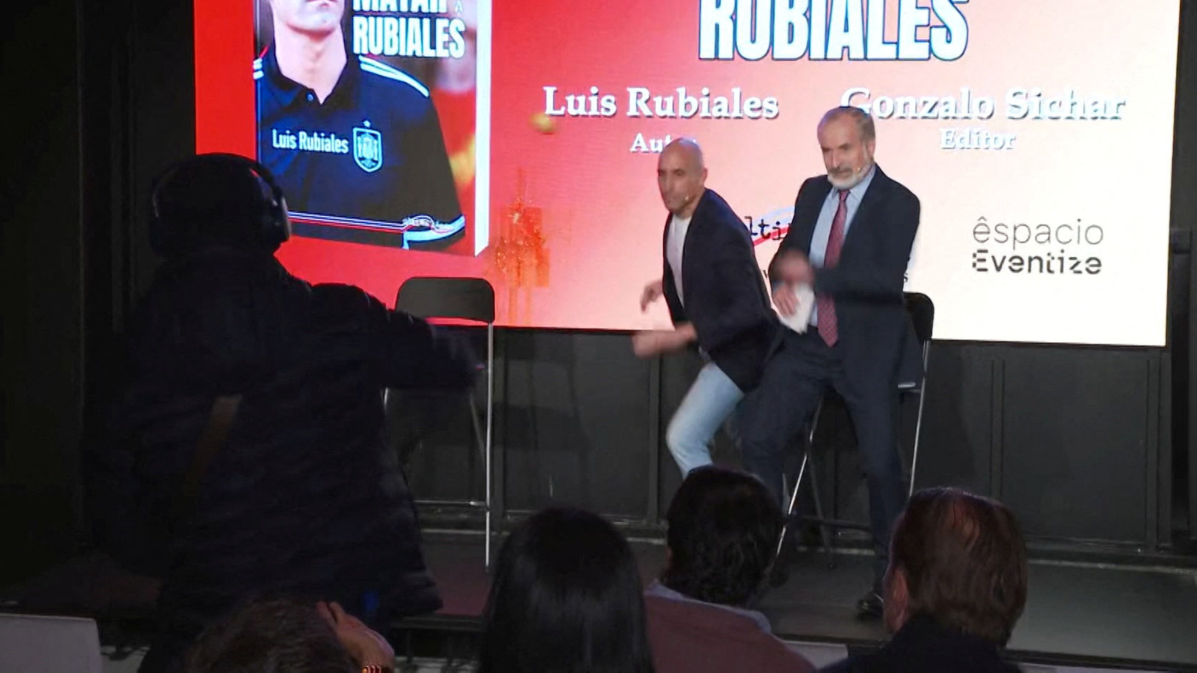 The book launch for Former Spanish FA president Luis Rubiales was interruped in Madrid. /FORTA/Reuters