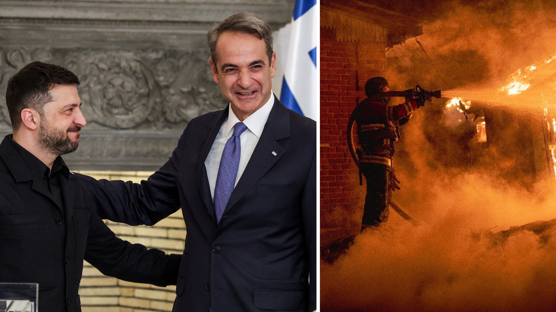 Volodymyr Zelenskyy and Greek PM Kyriakos Mitsotakis in Athens on Sunday; A firefighter works at the site of a Russian military strike, amid Russia's attack on Ukraine, in Sumy region. /Louisa Gouliamaki/Reuters and Ukraine's Press service of the State Emergency Service