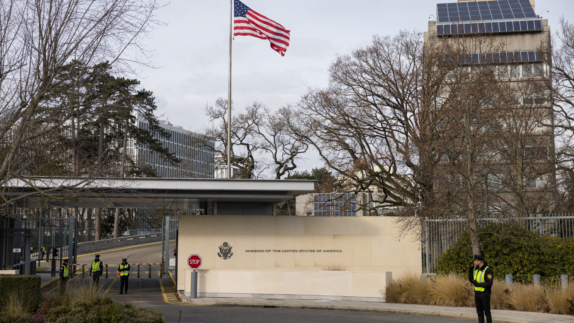 Entrance of the U.S. Mission in Geneva, as US and Ukrainian officials prepare for closed-door talks. Pierre Albouy/Reuters