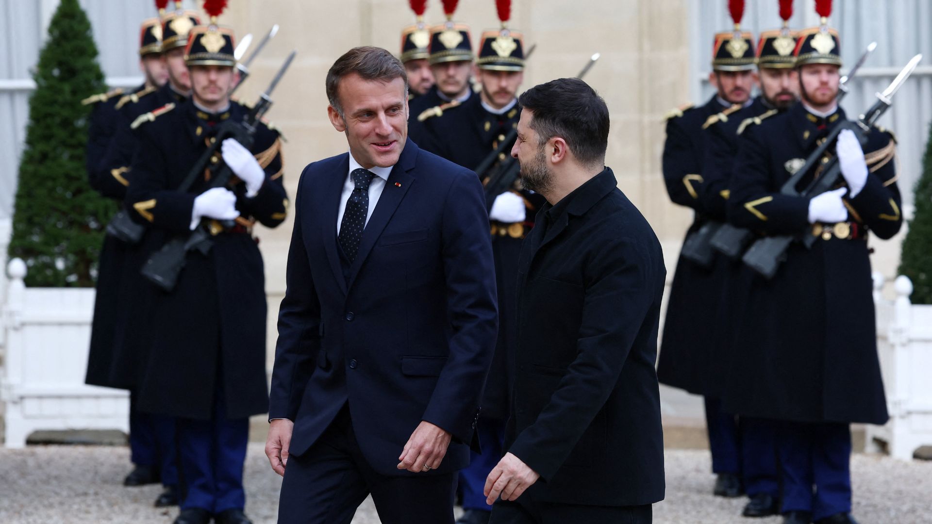 French President Emmanuel Macron welcomes Ukrainian President Volodymyr Zelenskyy to the Elysee Palace in Paris, for one of several high-level meetings in Europe on Monday. /Gonzalo Fuentes/Reuters