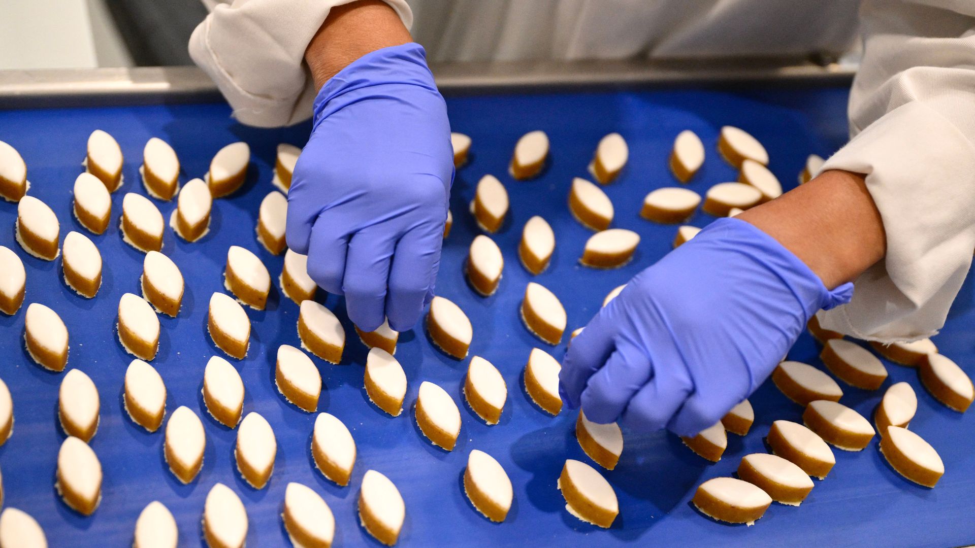 An employee works at the Le Roy Rene factory producing traditional pastries called calissons made with almonds in Aix-en-Provence. /Christophe Simon/AFP
