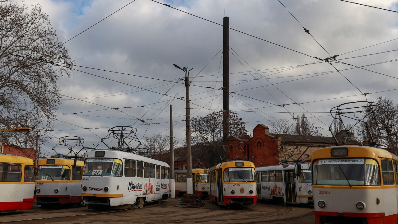 City trams stand in depot during a power blackout after critical civil infrastructure was hit by recent Russian missile and drone strikes in Odesa, Ukraine. /Nina Liashonok/Reuters