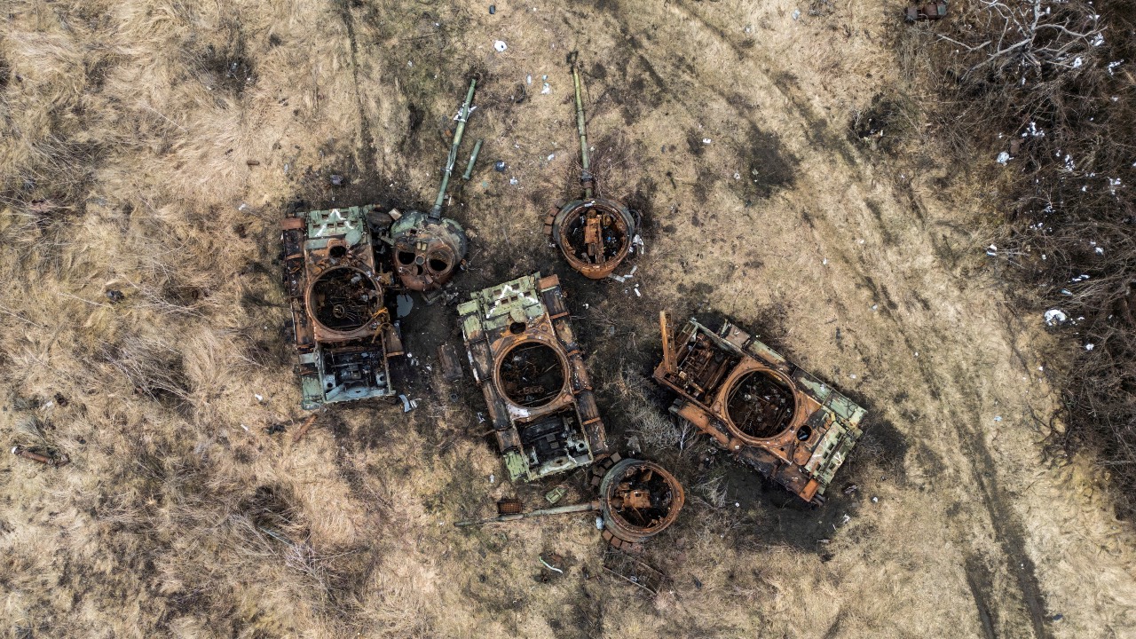 Destroyed Russian tanks near the village of Bohorodychne in the Donetsk region, Ukraine. /Vladyslav Musiienko/Reuters