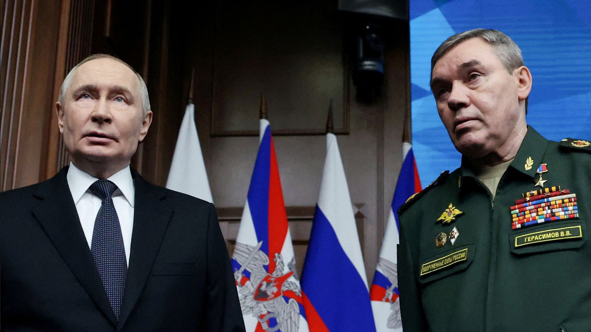 Russia's President Vladimir Putin and Chief of the General Staff of the Russian Armed Forces Valery Gerasimov attend an expanded meeting of the Collegium of the Defence Ministry in Moscow on December 17. /Sputnik/Alexander Kazakov/Pool