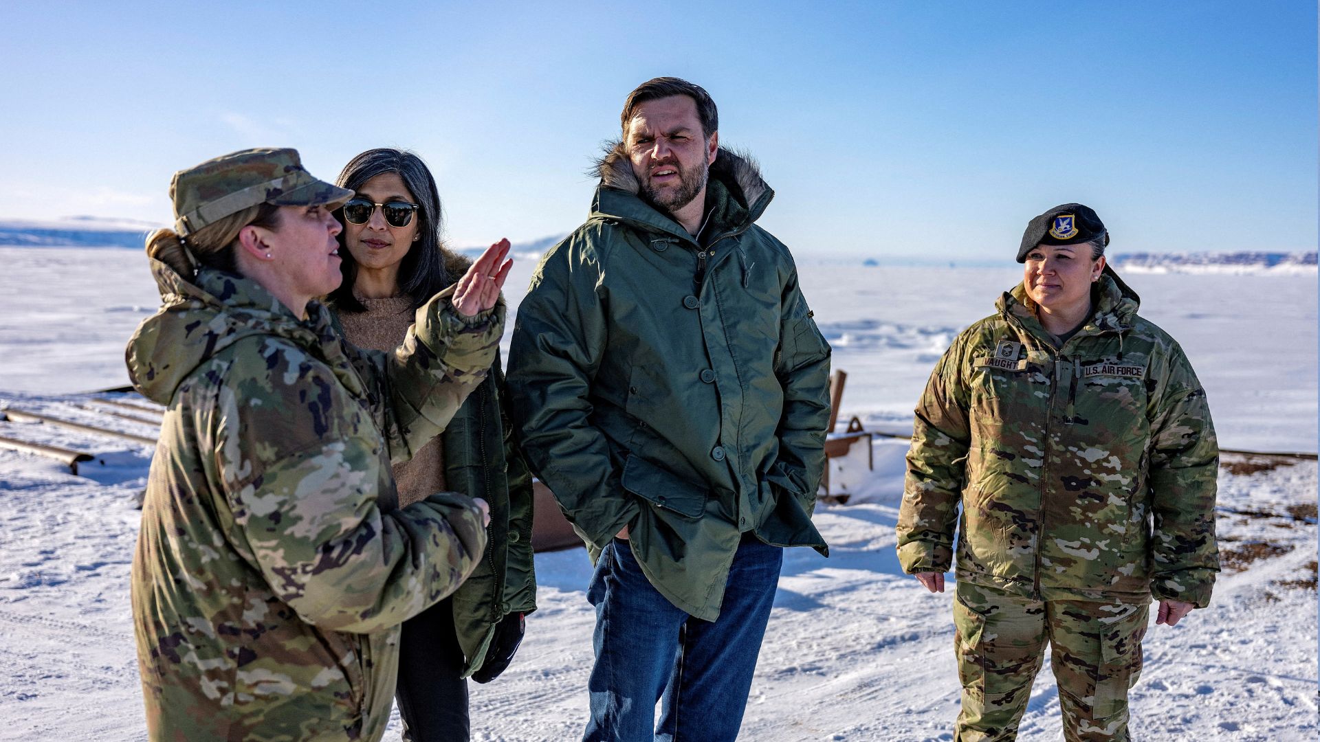 US Vice President JD Vance and Second Lady Usha Vance are guided by the US military's Pituffik Space Base commander Colonel Susan Meyers as they tour the facility in Greenland in March 2025. /Jim Watson/Pool