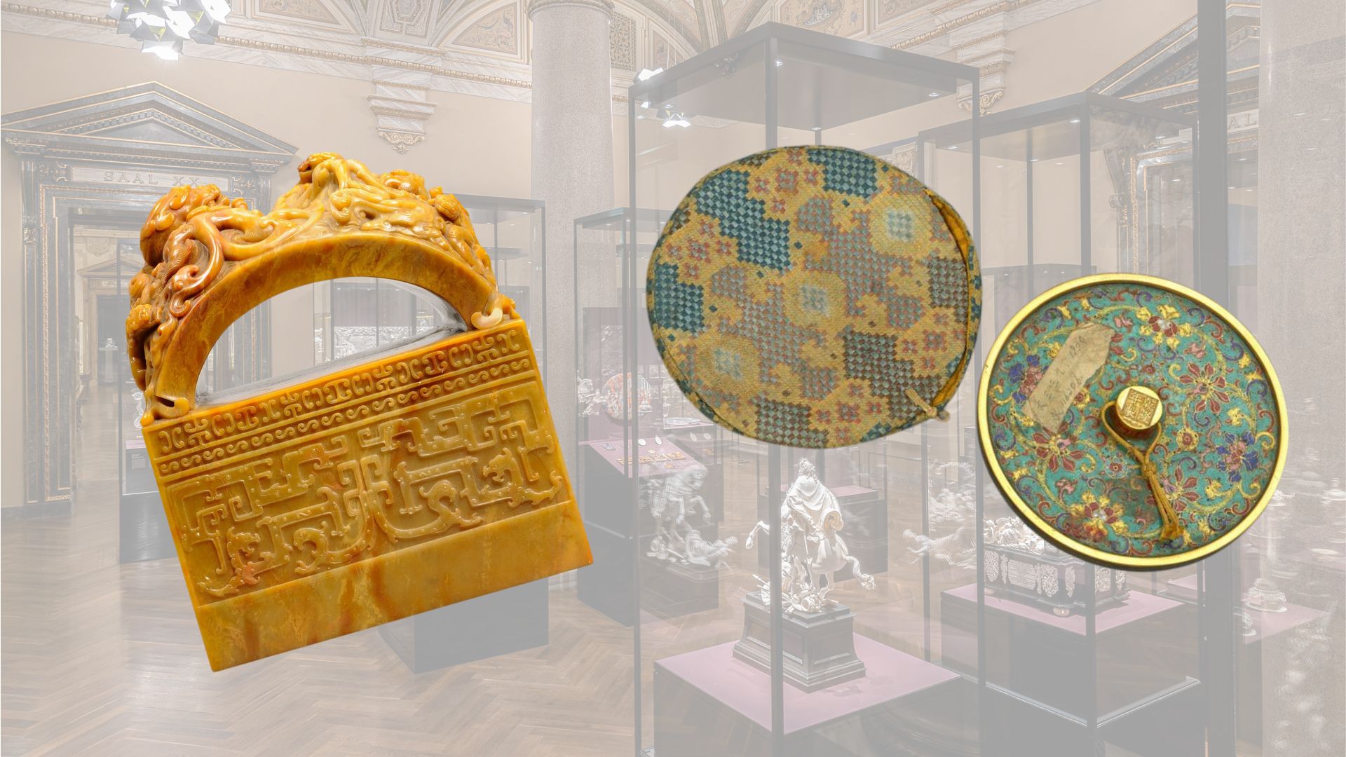 Left: Seal with ch-dragon knob. Right: Qianlong-marked cloisonne enamel mirror with interlocking lotus pattern. /The Palace Museum

