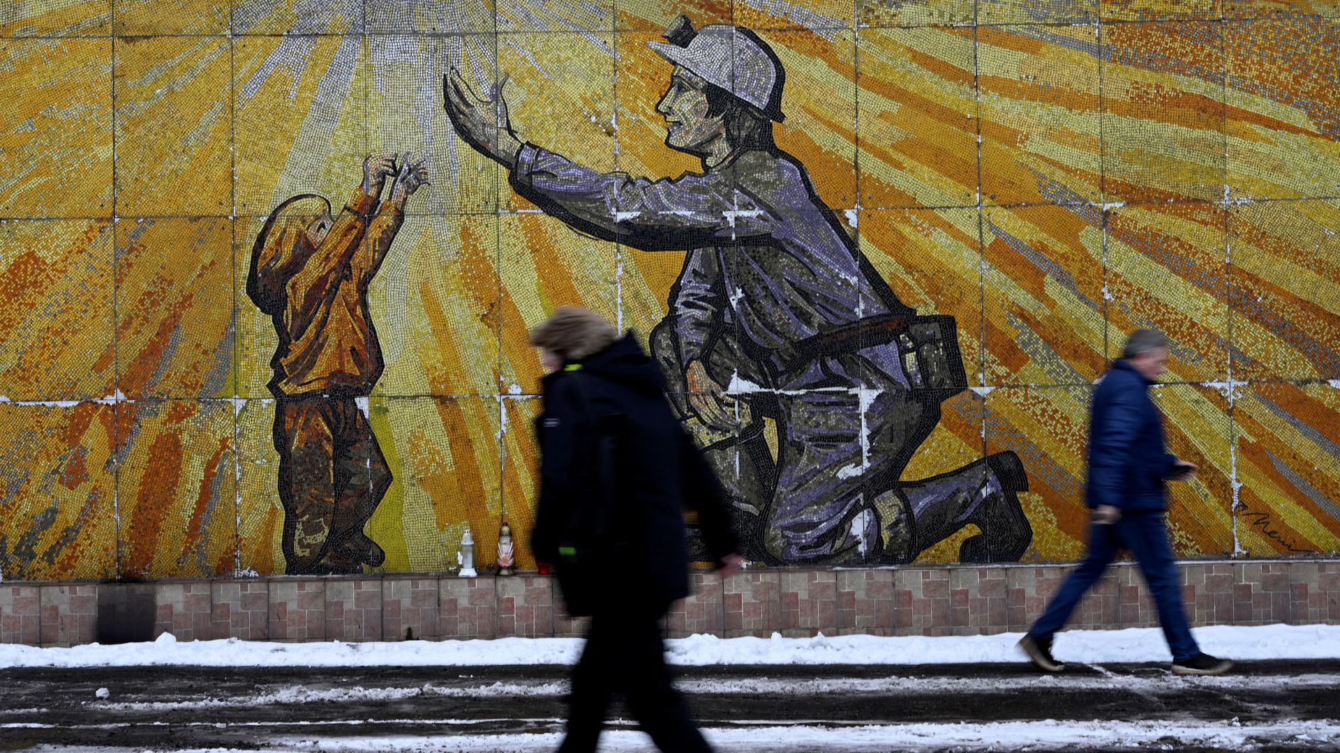 A mural at the CSM hard coal deep-cast mine, soon to close, in the village of Stonava, Czechia. /Radovan Stoklasa/Reuters
