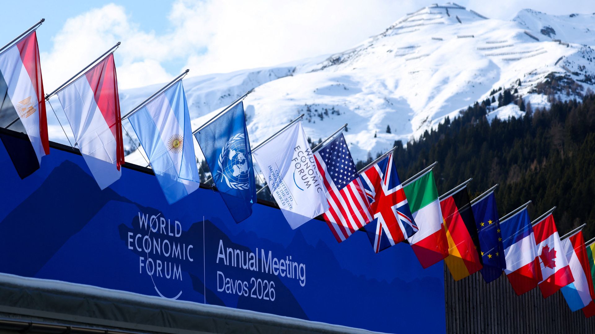 Flags welcome the dignitaries to the 56th annual World Economic Forum (WEF) meeting, in Davos. /Denis Balibouse/Reuters
