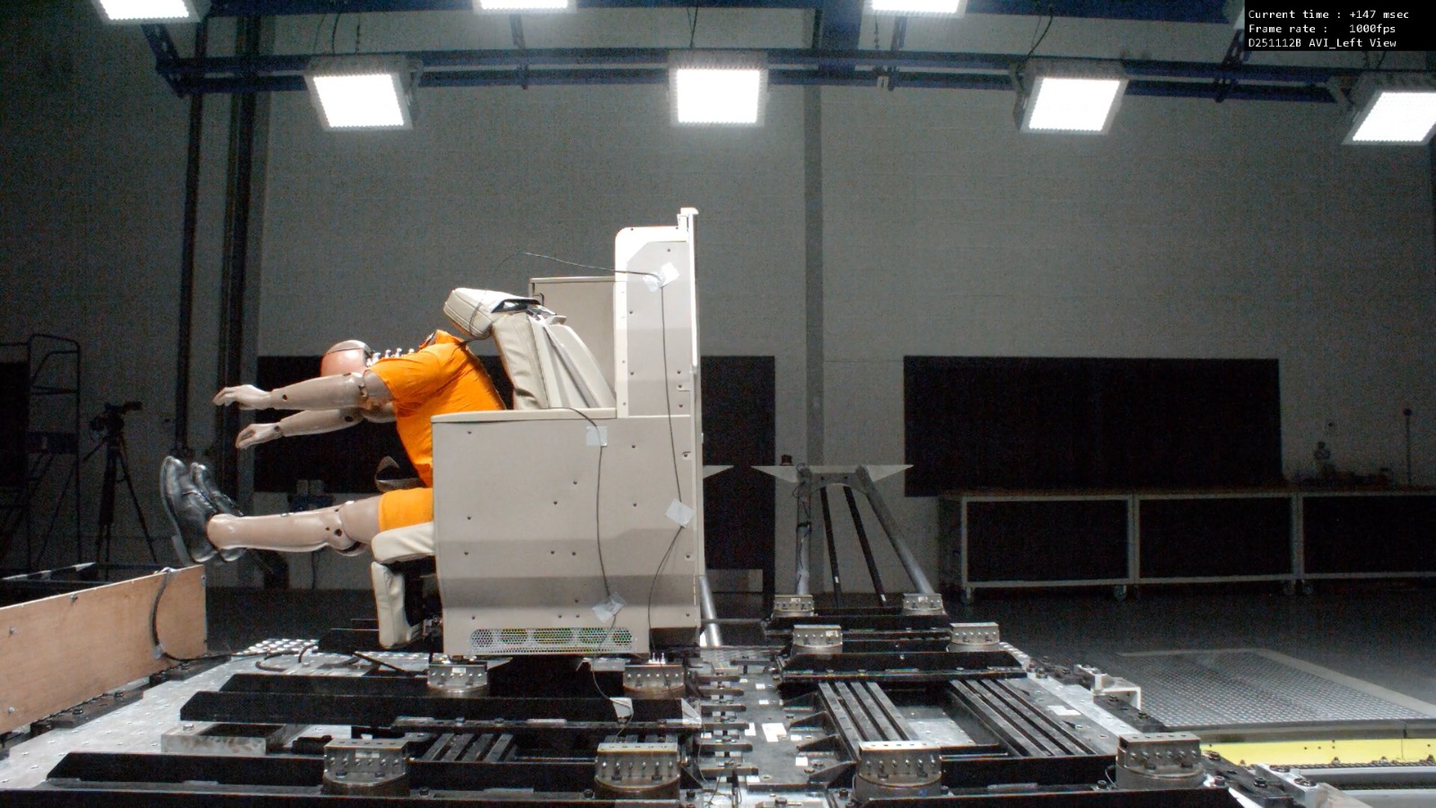 A flight crash demonstration at the Thompson Aero Seating dynamic test center in Banbridge, Northern Ireland. /CGTN
