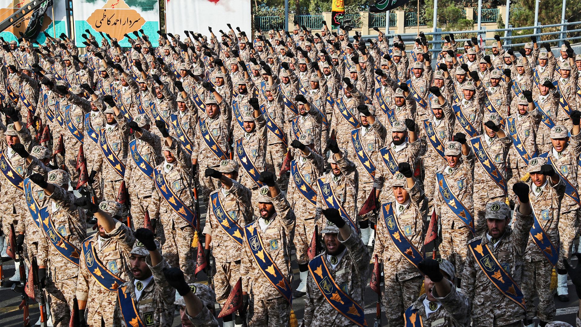 Members of Iran's Islamic Revolutionary Guard Corps salute during a 2019 military parade in Tehran. /Iranian Presidency/AFP