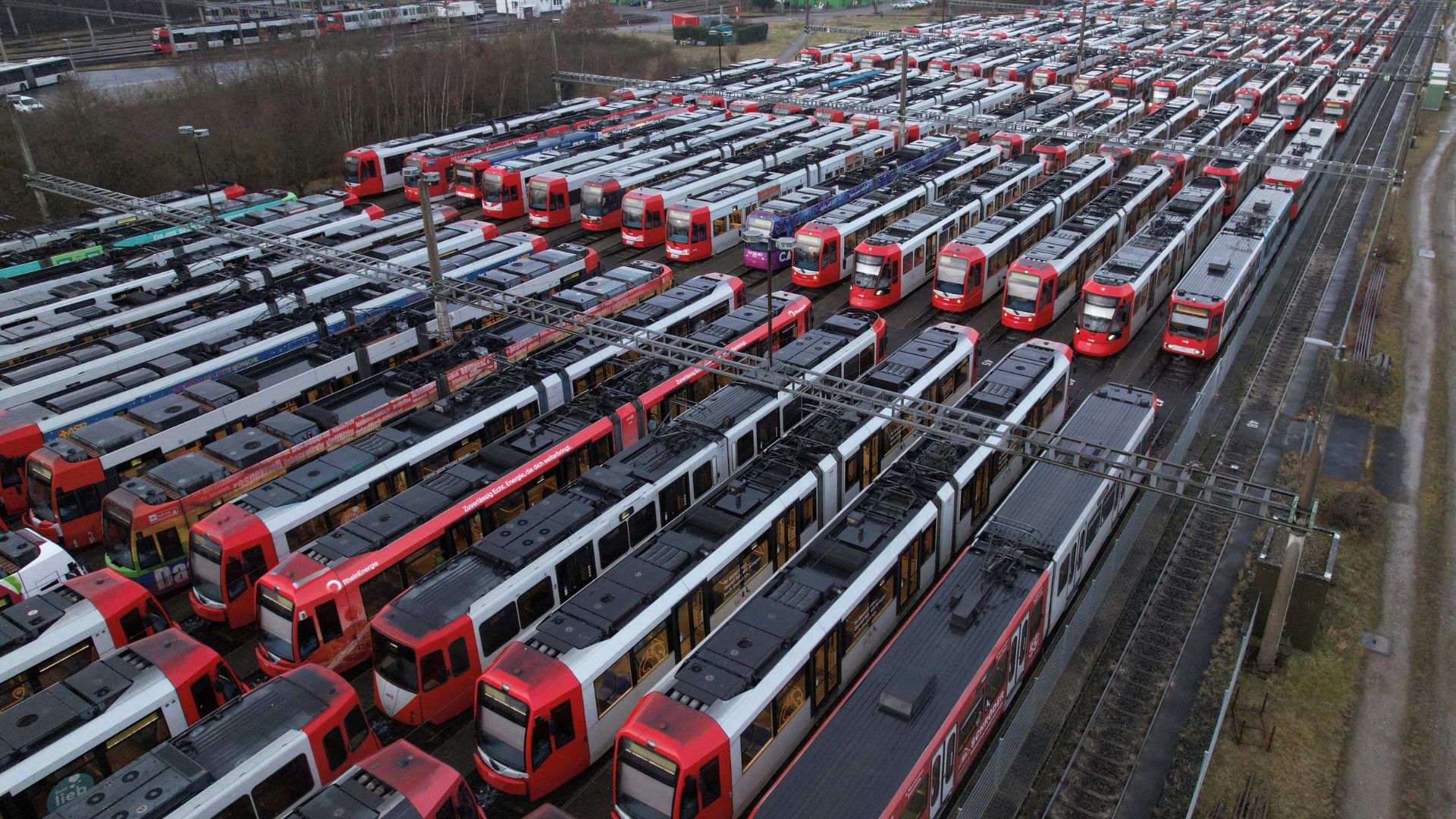 Trams of Cologne's municipal transport service KVG sit in a depot during a nationwide local public transport strike called by Germany's mighty trade union Verdi. /Erol Dogrudogan/Reuters
