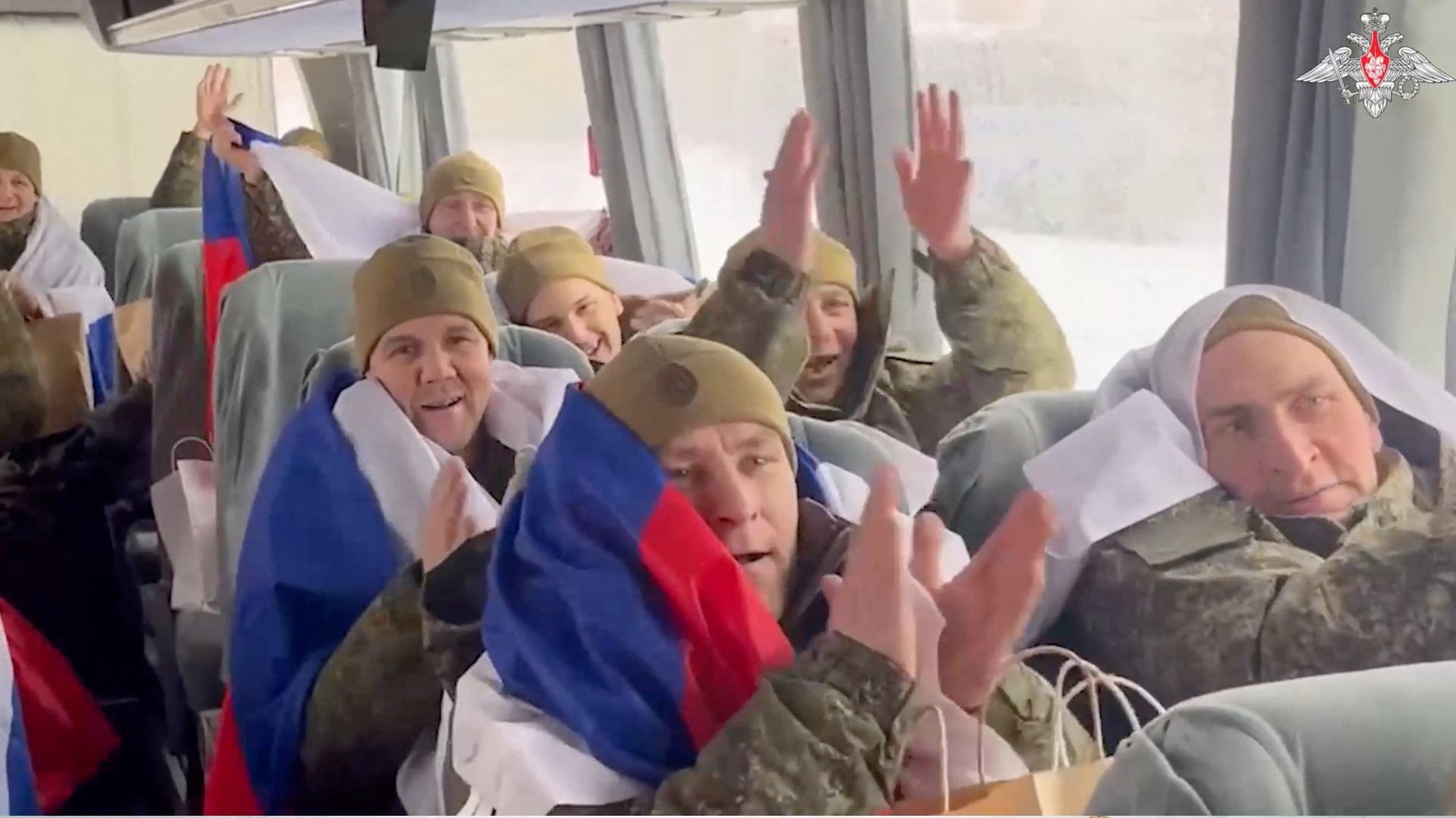 A still image from a video released by the Russian Defence Ministry shows what it said to be Russian service personnel captured by Ukrainian forces and released during the latest exchange of prisoners of war, released on February 5. /Handout 