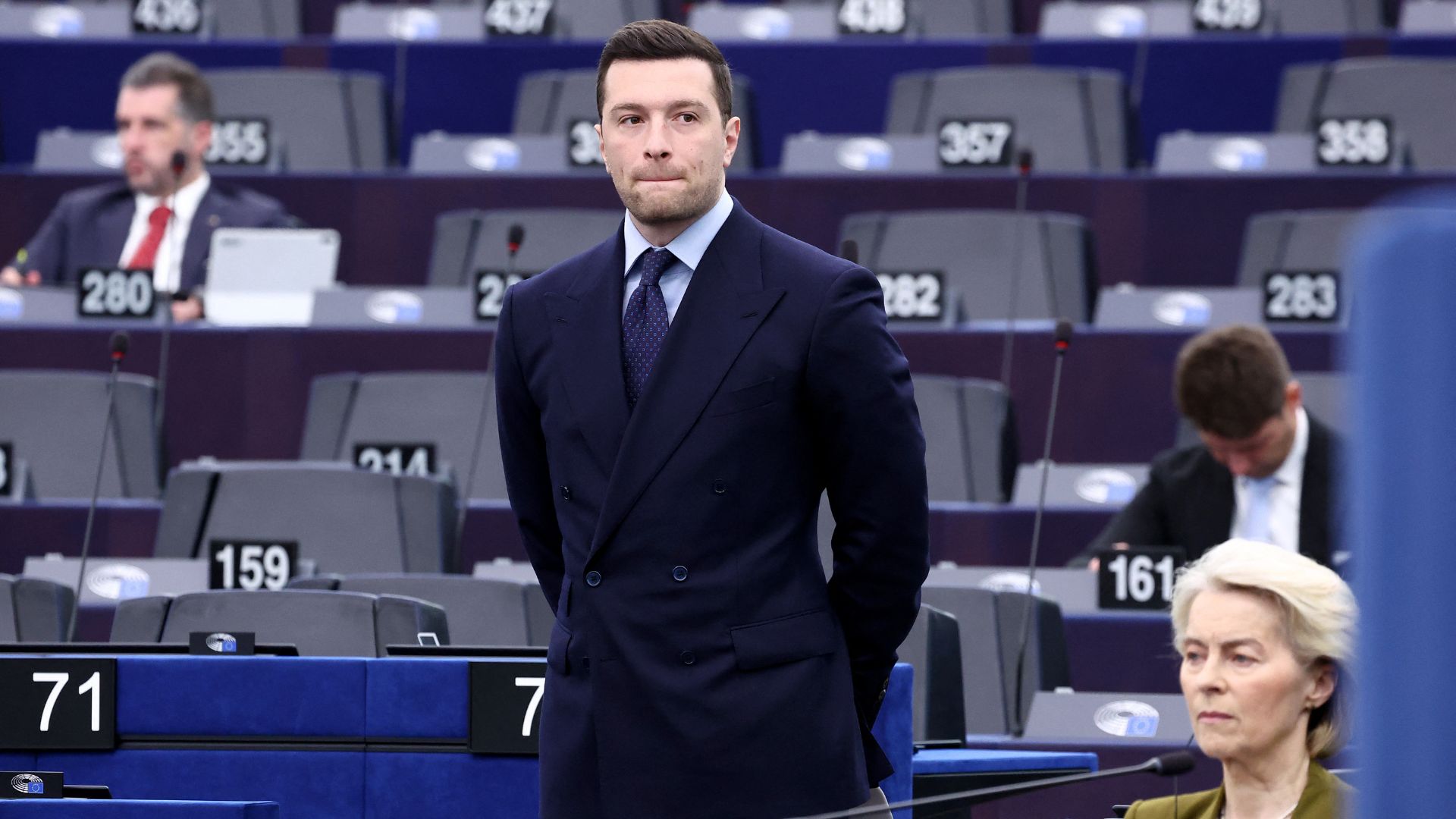 President of French far-right Rassemblement National (RN) party and Member of the European Parliament (MEP) Jordan Bardella attends a debate  at the European Parliament in Strasbourg on February 11. /Frederick Florin/AFP