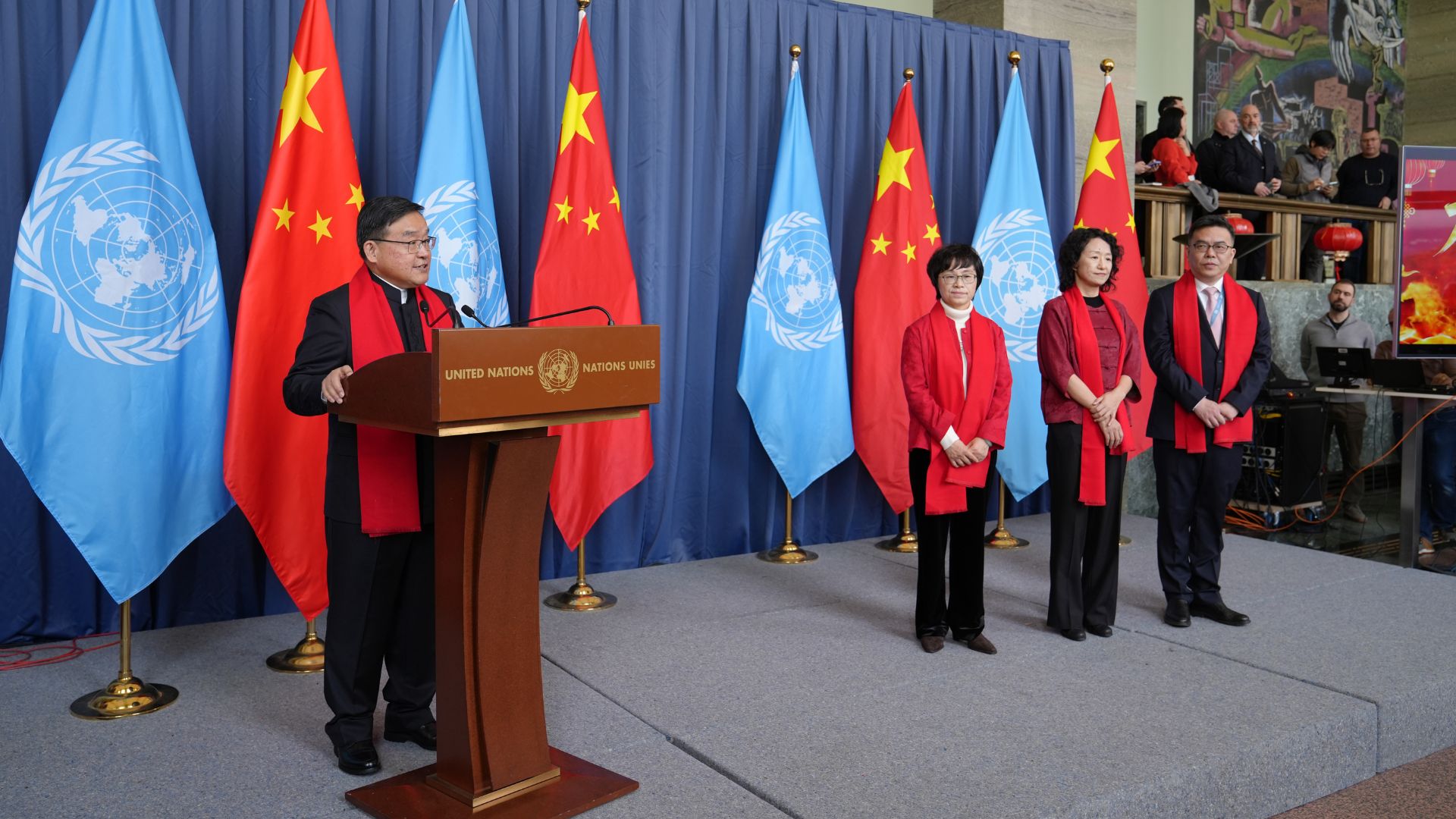 China's Ambassador to the UN, his wife, China's Ambassador to WTO, China's Ambassador to Disarmement on stage.JPG /CGTN