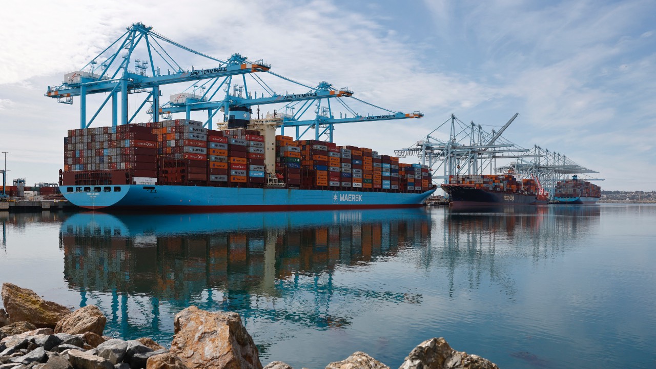 Shipping cranes stand above container ships loaded with shipping containers at the Port of Los Angeles, California. /Mario Tama/Getty Images/AFP 