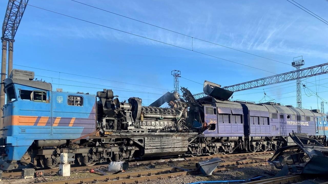A diesel locomotive, damaged during Russian drone and missile strikes in an unknown location, Ukraine. /Deputy Prime Minister for Restoration of Ukraine via Facebook/Handout via Reuters