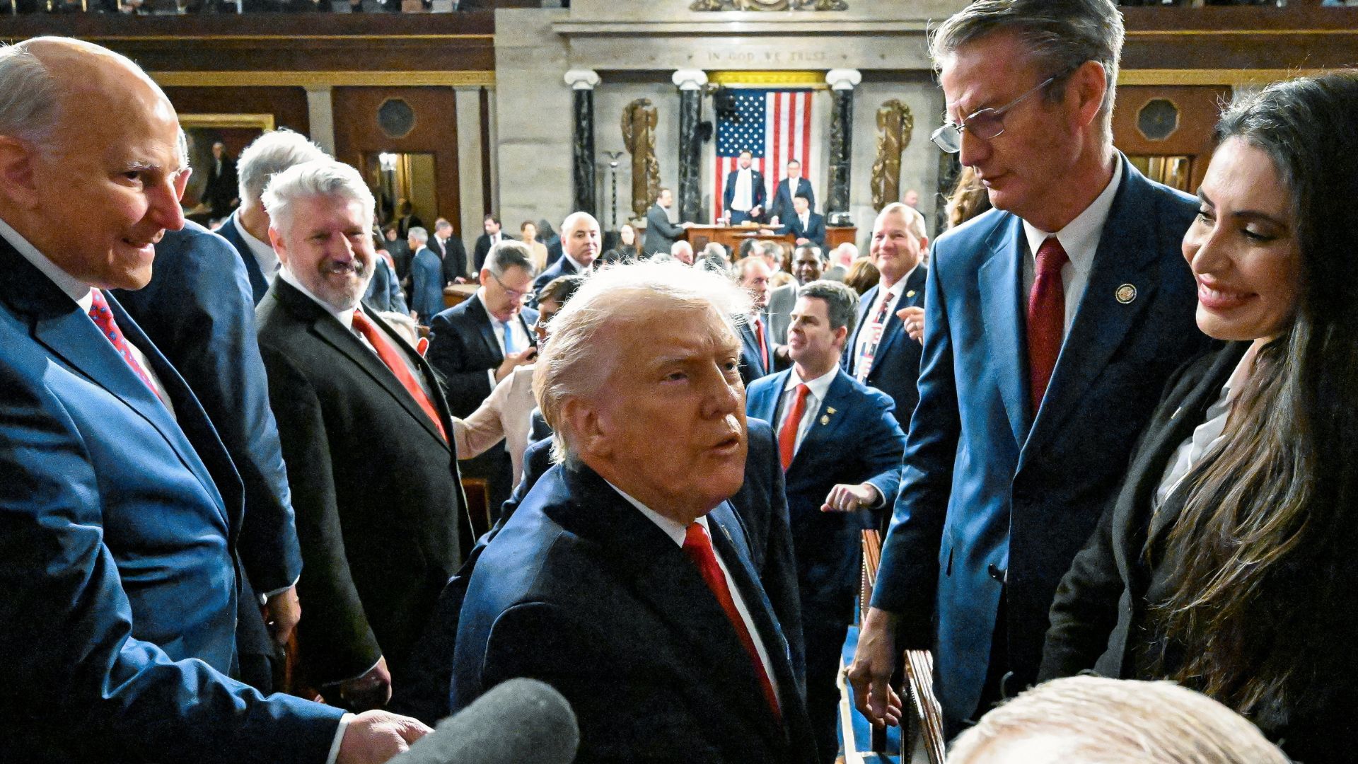 U.S. President Donald J. Trump exits the House Chamber after delivering the first State of the Union address of his second term. /Kenny Holston/Pool