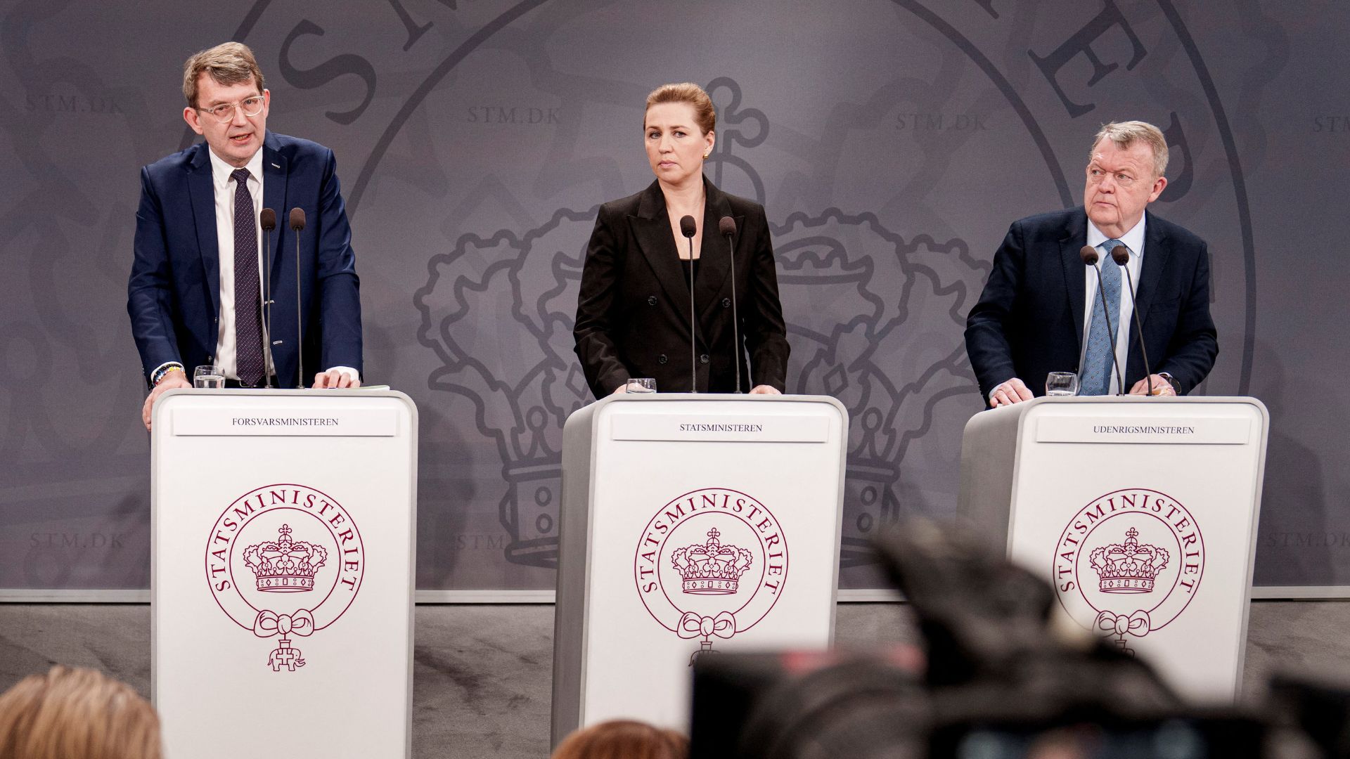 Coalition leaders Troels Lund Poulsen, Deputy Prime Minister and Minister of Defense, Mette Frederiksen, Prime Minister of Denmark and Lars Loekke Rasmussen, Minister of Foreign Affairs, present the government's new deportation reform at a January news conference in Copenhagen. /Liselotte Sabroe/Ritzau Scanpix/via 