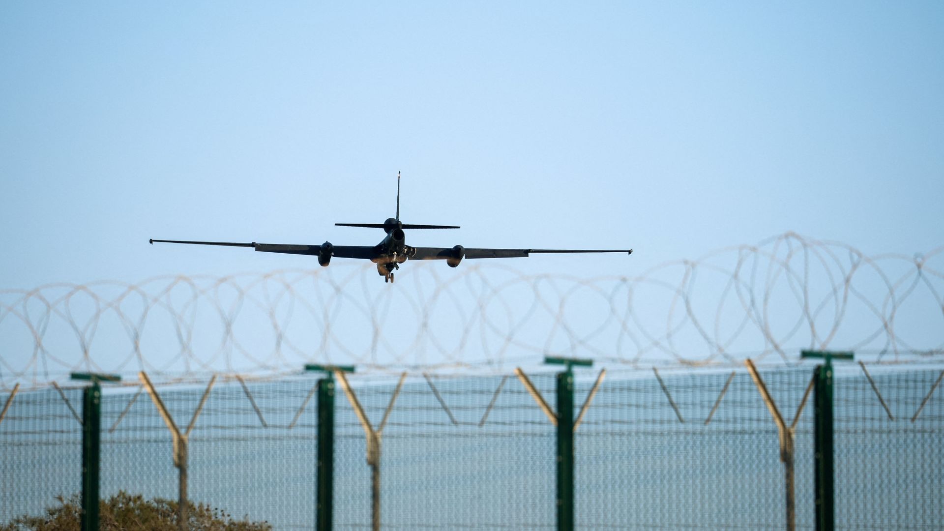 A U-2 aircraft approaches RAF Akrotiri, a British sovereign base that was hit by a drone early on Monday, causing limited damage, in Cyprus, on March 5. /Yiannis Kourtoglou/Reuters