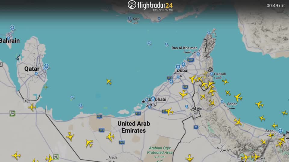 This still from plane-tracking software FlightRadar24 shows an unusual lack of flights over the UAE early on Tuesday morning. /FlightRadar24.com/Reuters

