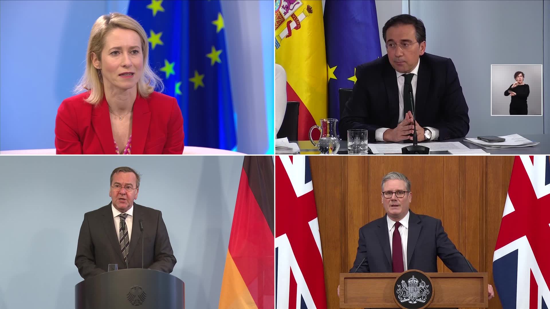 European figures reacting to the request include (clockwise from top left) EU diplomat Kaja Kallas, Spanish Foreign Minister Jose Manuel Albares, UK PM Keir Starmer and German Defense Minister Boris Pistorius. /Reuters