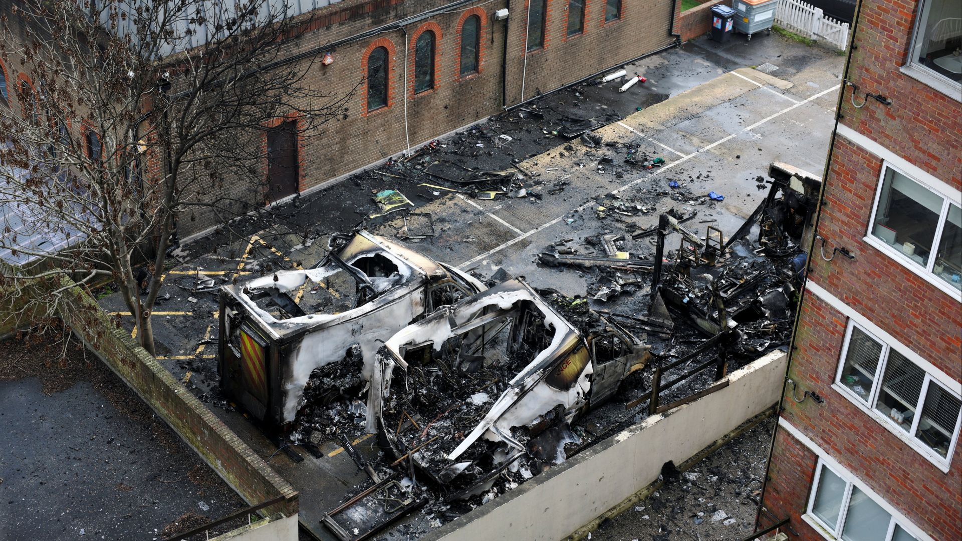 Charred remains of ambulances belonging to Hatzola, a Jewish community organization, which were set on fire in an incident  the police are treating as an antisemitic hate crime. /Isabel Infantes/Reuters