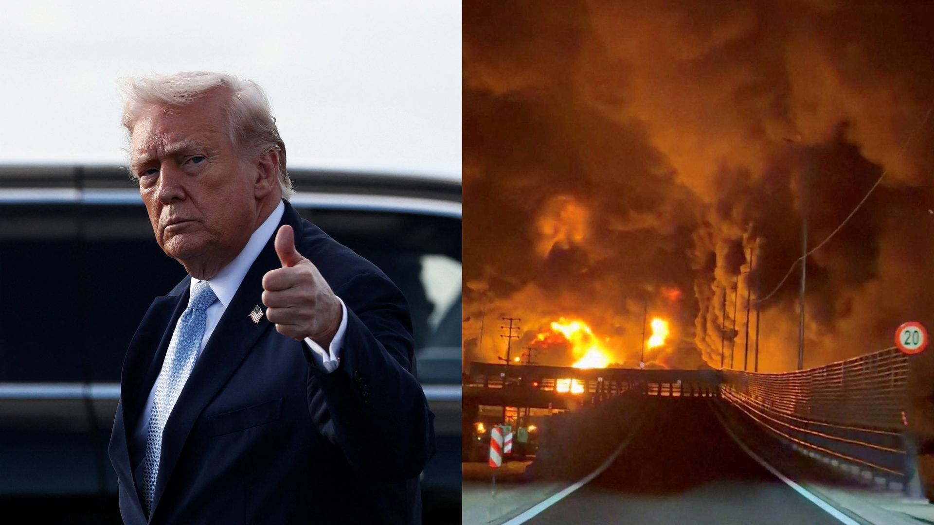 Trump gestures as he steps from Air Force One upon his arrival in Florida on March 20. Fire burns and smoke rises from Tehran's Aqdasieh Oil Depot after being reportedly hit by a strike on March 8. /Kevin Lamarque/Reuters and Social Media Handout
