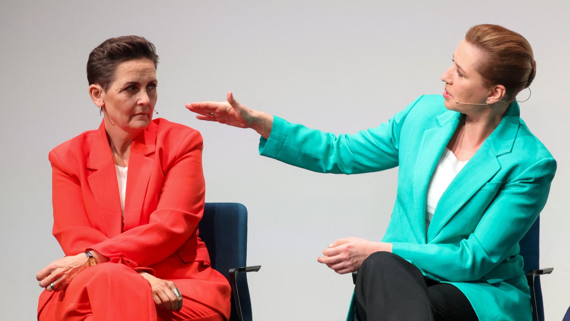 Mette Frederiksen, Denmark's prime minister and Social Democrats party leader, and Pia Olsen Dyhr, Green Left party leader, attend the party leaders' debate after parliamentary elections, in Copenhagen, Denmark, March 25, 2026. /Reuters/Leonhard Foeger

