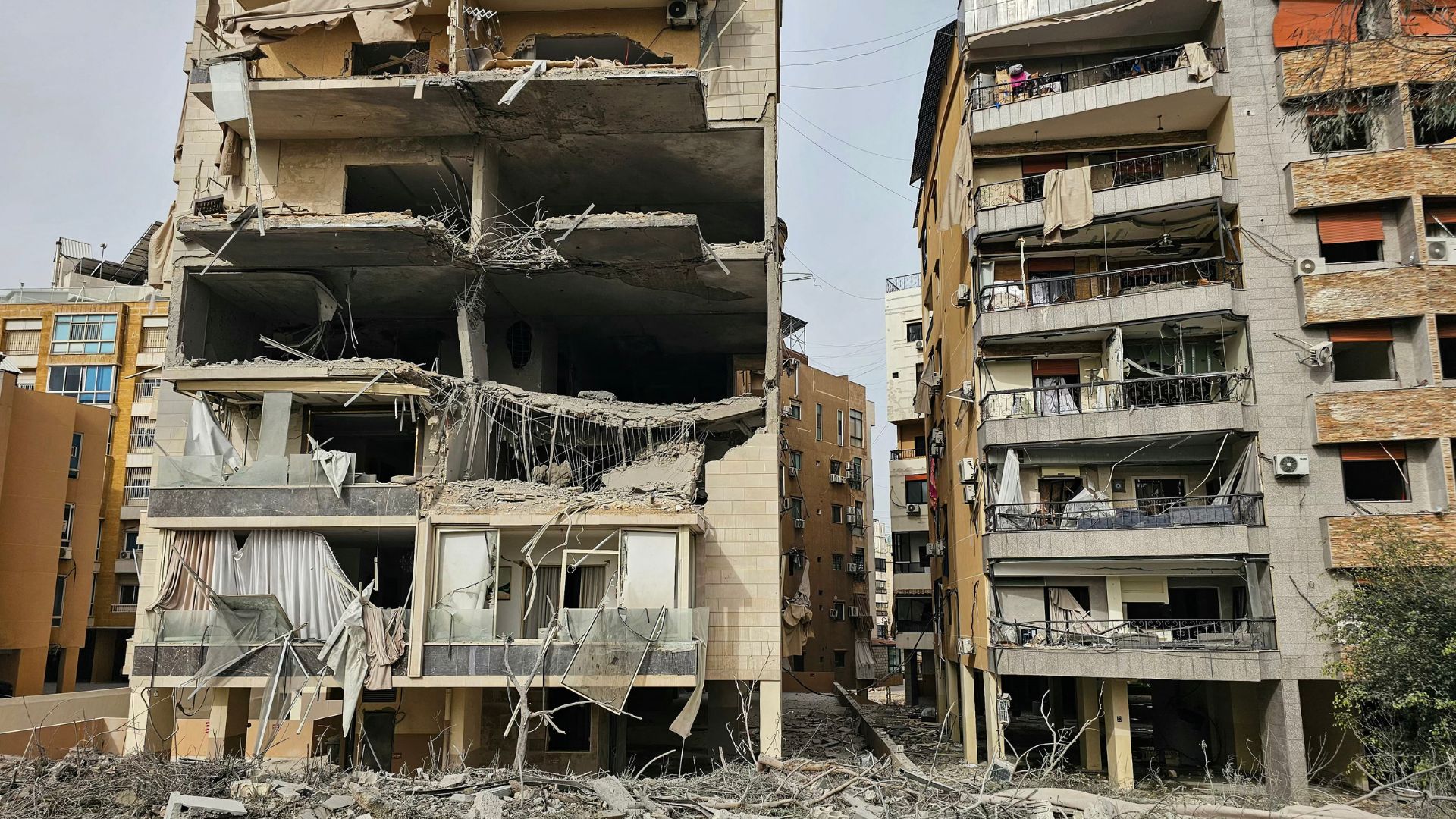 Damaged buildings following an overnight Israeli airstrike in the Al Hadath neighbourhood of Beirut’s southern suburbs. /AFP
