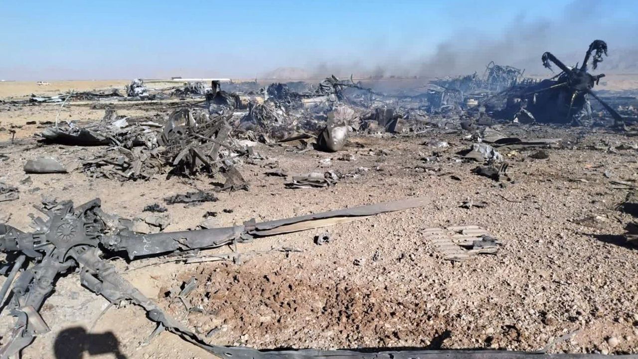 Wreckage is shown at what Iran's state TV claimed was the site of a downed American transport plane and two helicopters involved in a rescue operation, in Isfahan province, Iran, 5 April, 2026. (Sepahnews via AP)