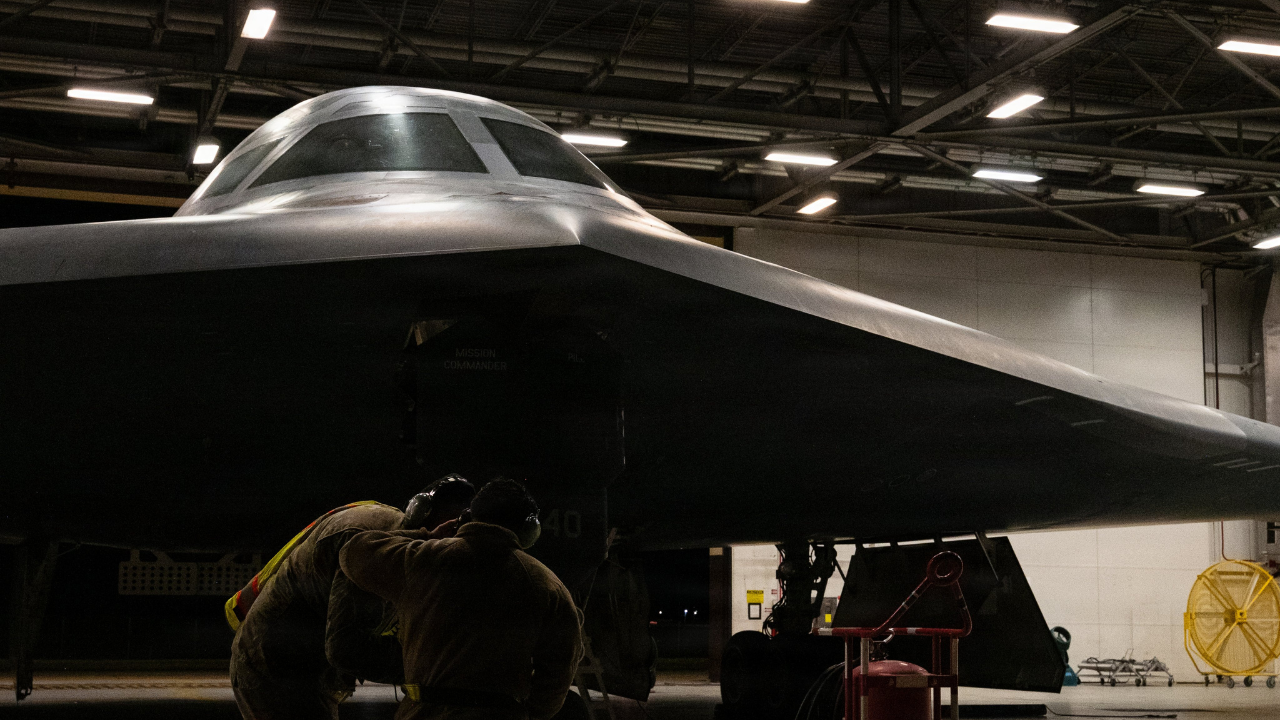 US Air Force crew chiefs perform pre-flight checks on a B-2 Spirit stealth bomber prior to a mission in support of Operation Epic Fury. /US Centcom